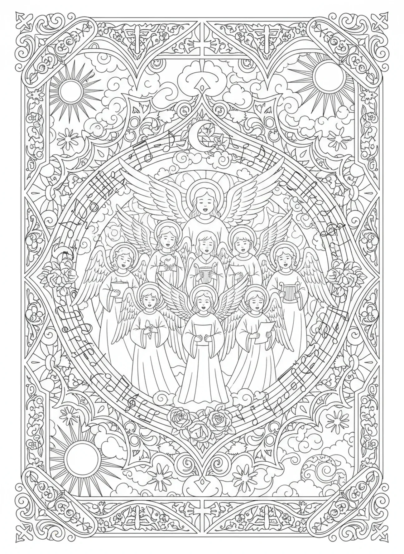 Coro de ángeles, página para colorear de la Visitación en estilo de journaling bíblico para adultos.