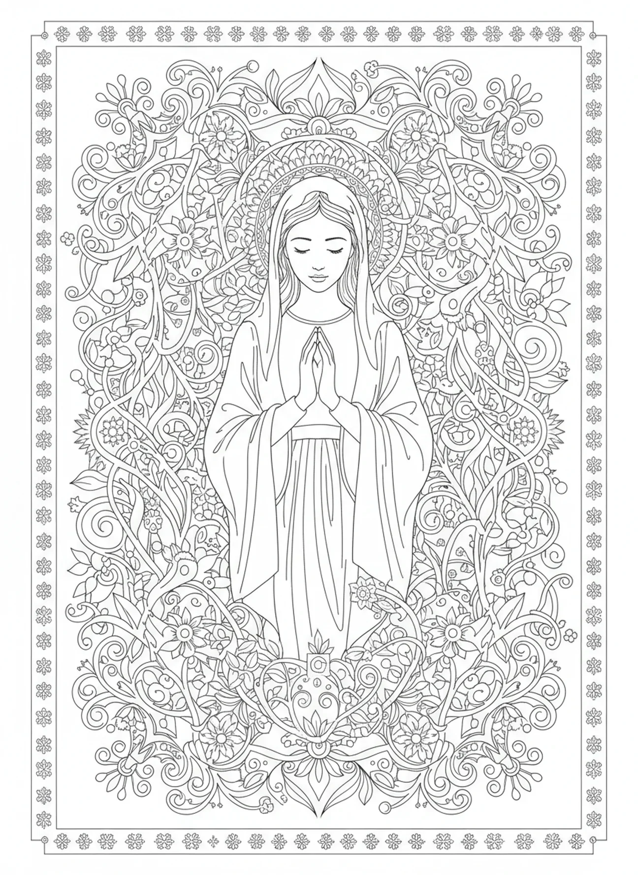 María con las manos juntas, página para colorear de la Visitación estilo journaling bíblico para adultos.