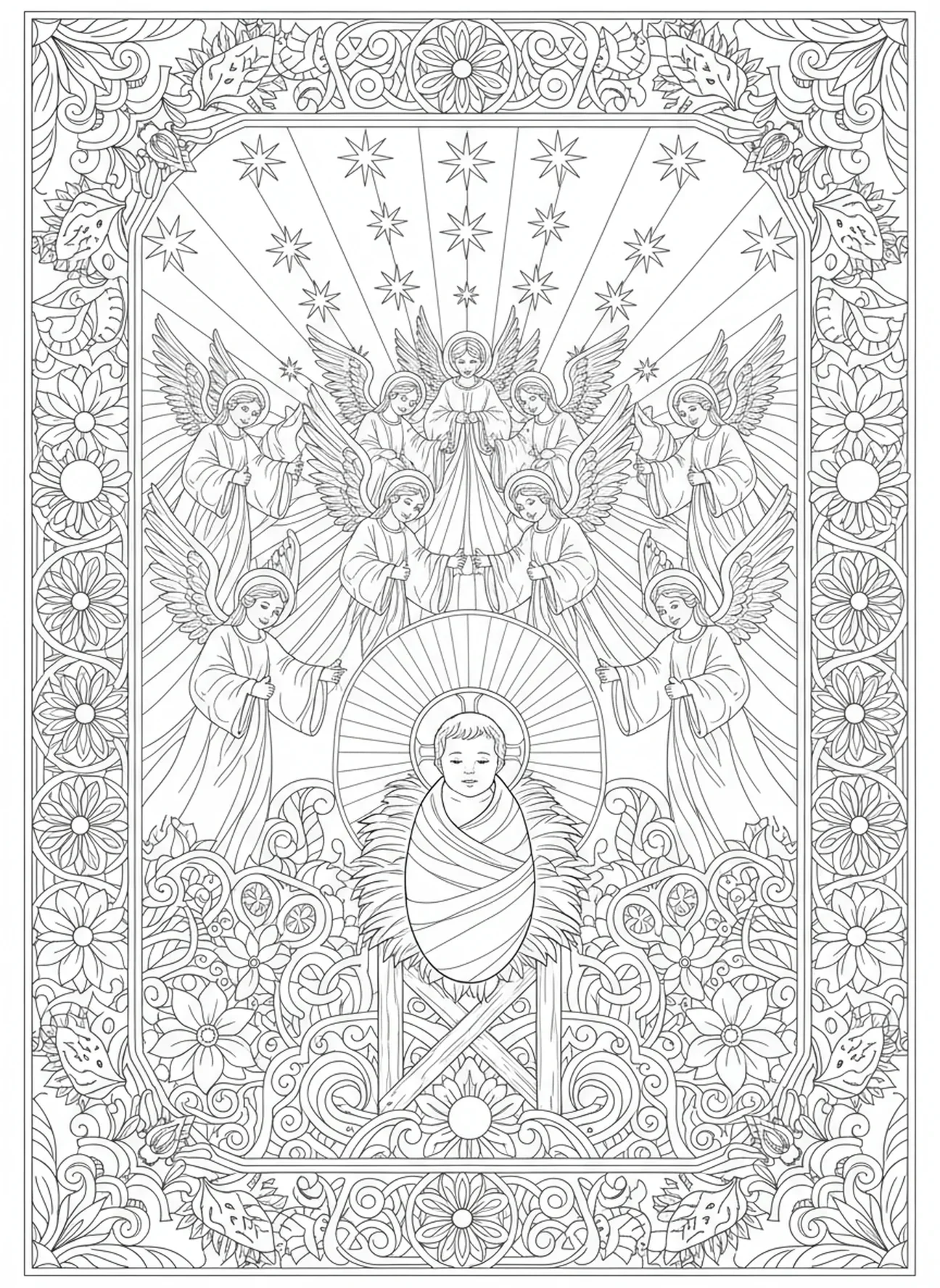 El bebé Jesús en el pesebre, página para colorear de la Visitación en estilo de journaling bíblico para adultos.
