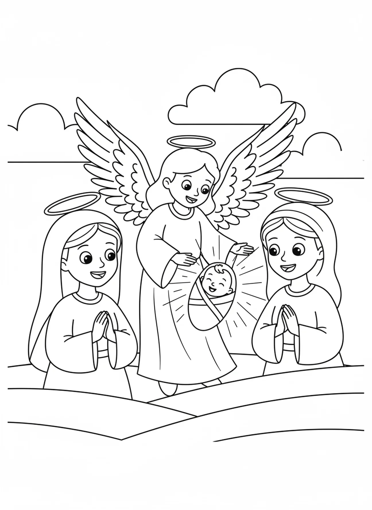Engel segnet ein Baby, Ausmalbild zur Besuch bei Maria für Kinder im Alter von 5-10 Jahren