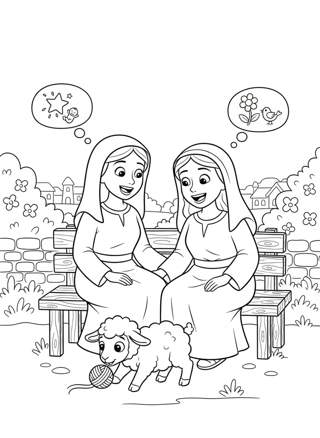 Maria und Elisabeth sitzen zusammen, Ausmalbild zur Besuch von Maria für Kinder im Alter von 5-10 Jahren