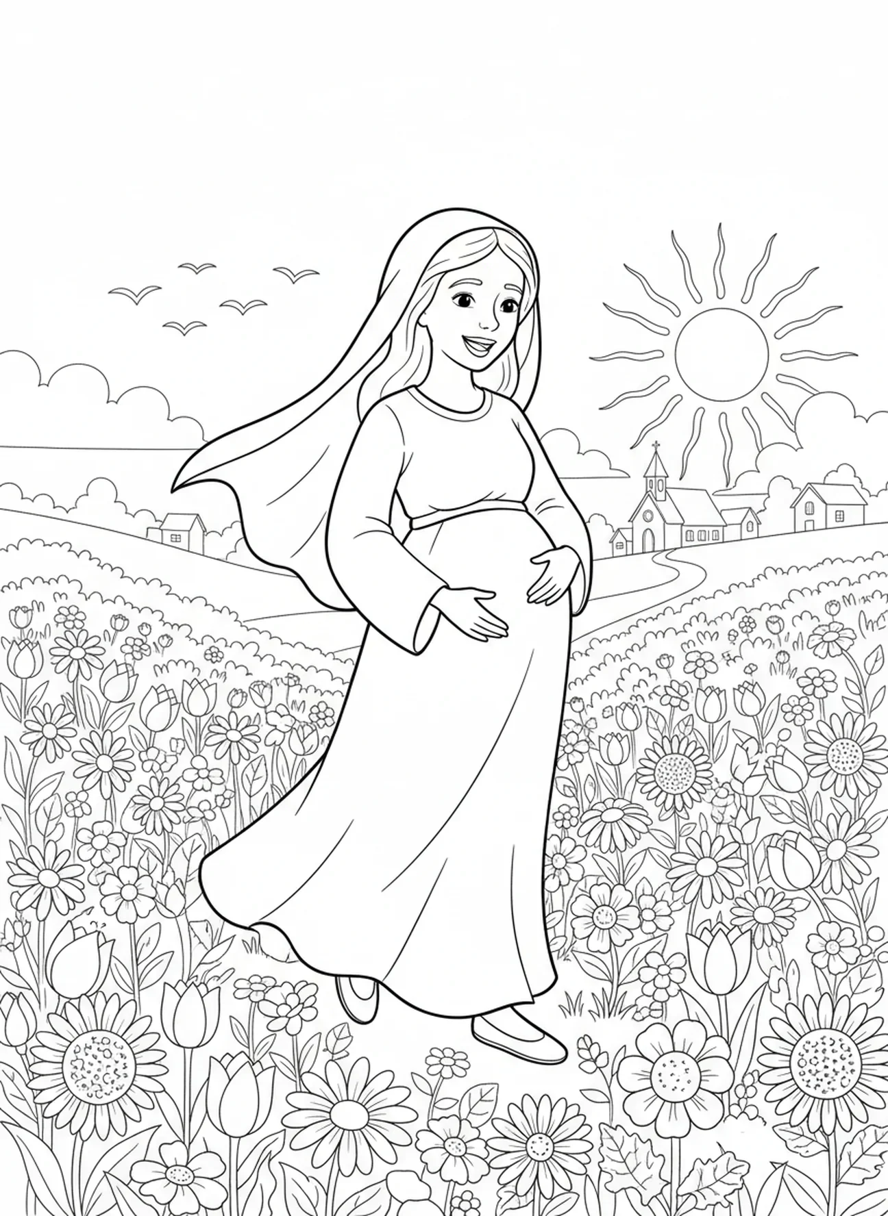 Maria, die durch Blumen geht, Ausmalbild zur Besuch bei Elisabeth für Kinder im Alter von 5-10 Jahren