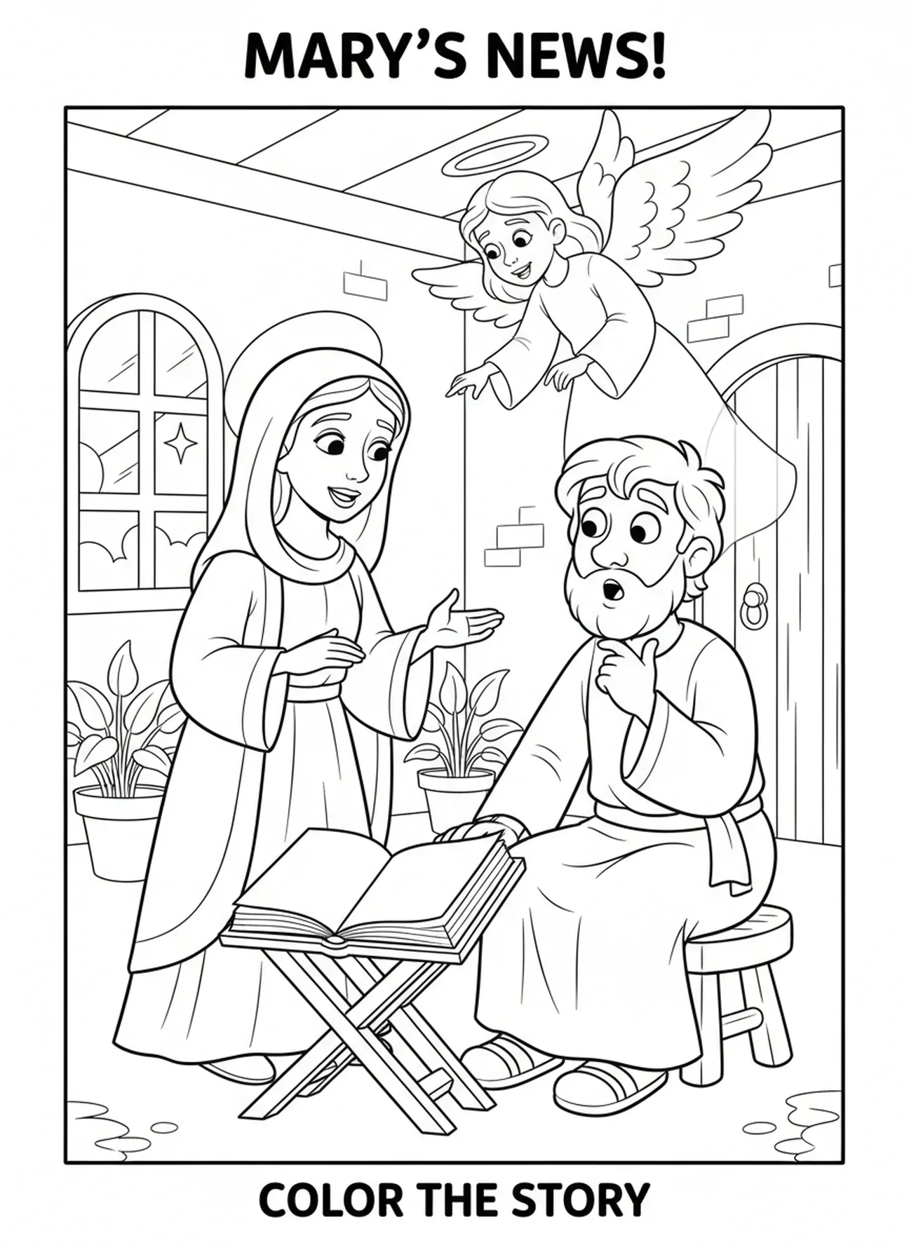 Maria spricht mit Josef, Ausmalbild zur Besuch bei Maria für Kinder im Alter von 5-10 Jahren