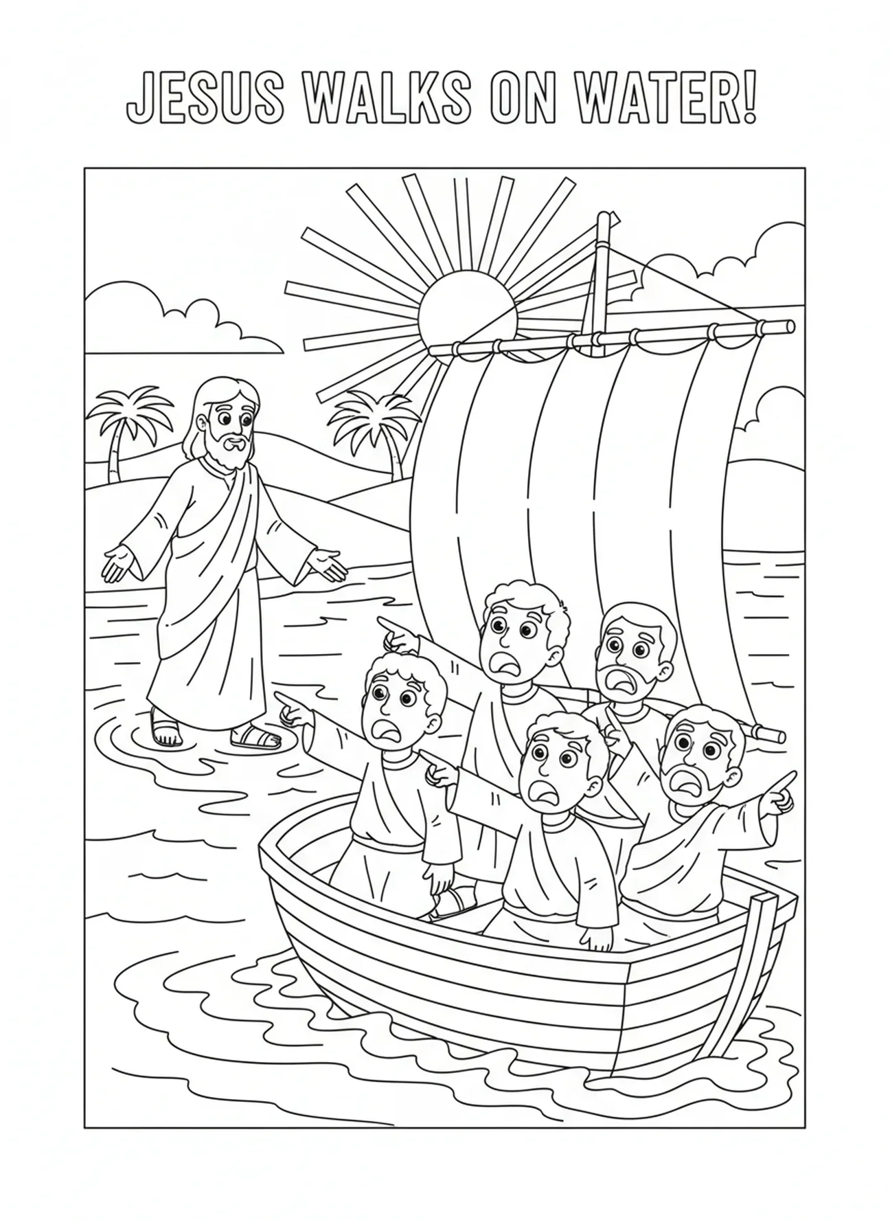 Discípulos señalando desde la barca, Jesús Caminando Sobre el Agua página para colorear para niños de 5 a 10 años.
