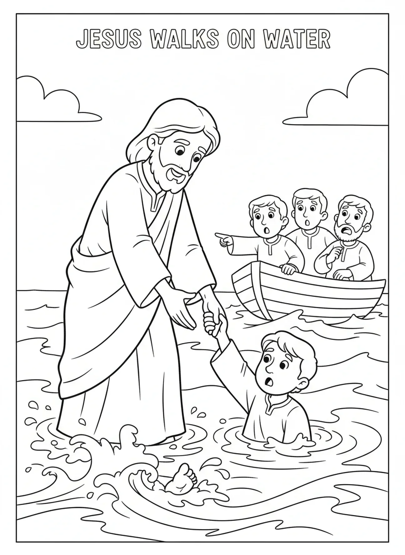 Jesús rescatando a Pedro, página para colorear de Jesús caminando sobre el agua para niños de 5 a 10 años.