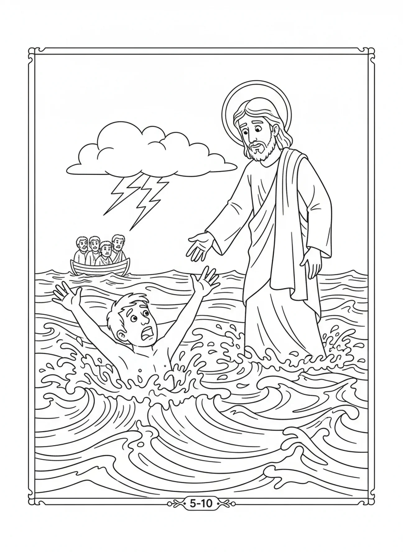 Pedro hundiéndose en el agua, Jesús caminando sobre el mar, página para colorear para niños de 5 a 10 años.
