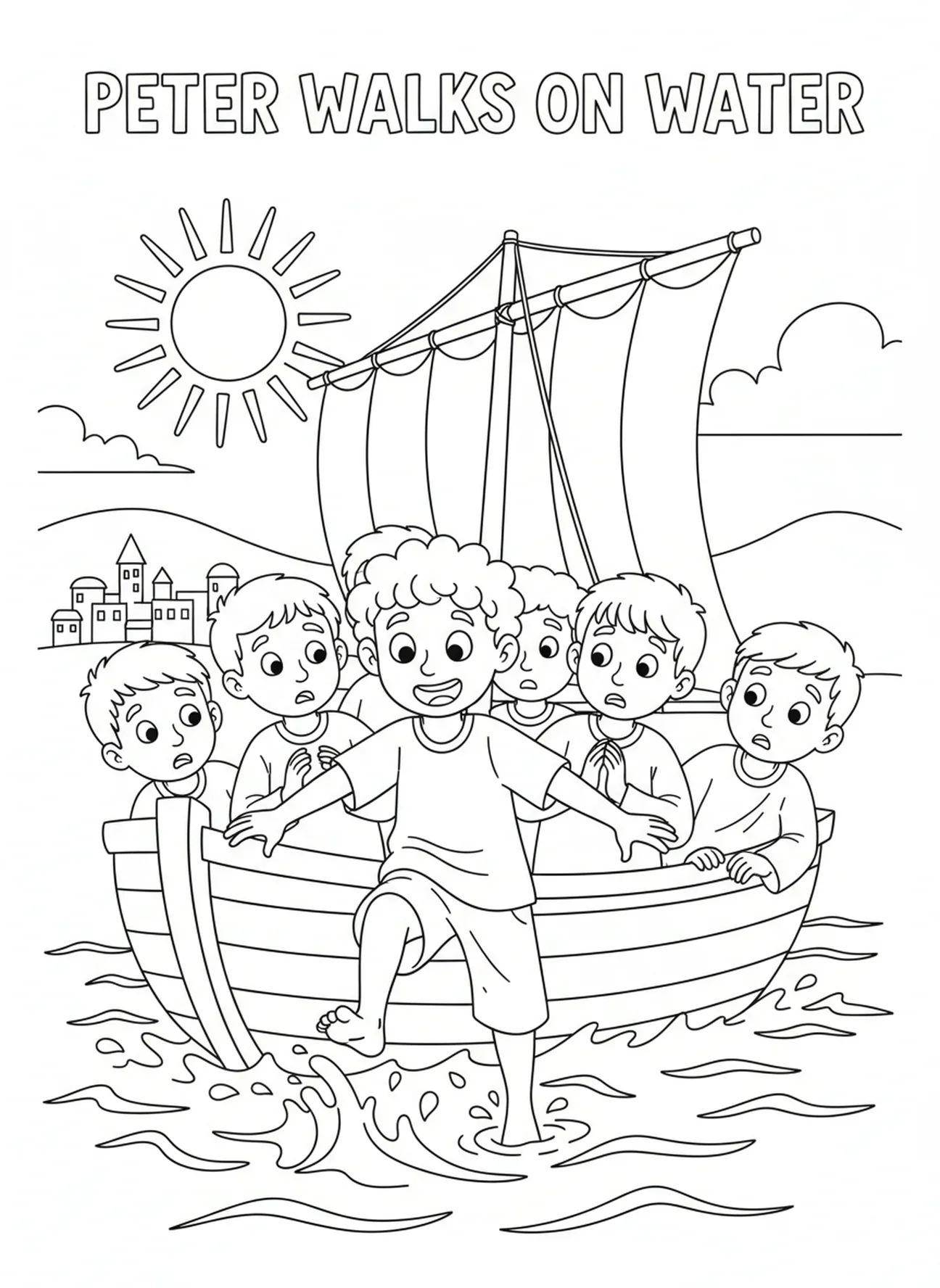 Pedro pisando el agua, página para colorear de Jesús Caminando Sobre el Mar para niños de 5 a 10 años.