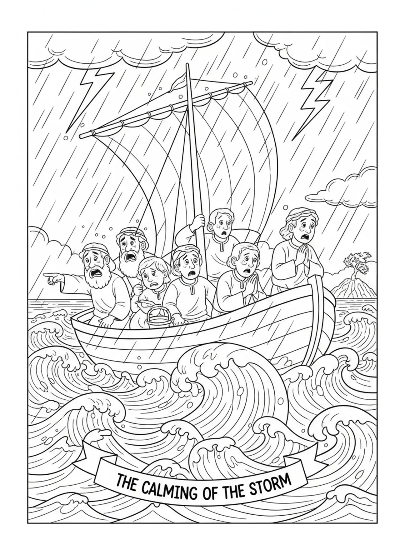 Mar tempestuoso con barco balanceándose, Jesús Caminando Sobre el Agua, página para colorear para niños de 5 a 10 años.