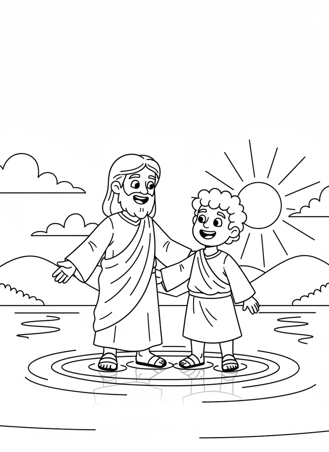 Rustige zee met Petrus en Jezus, Kleurenpagina van Petrus die op het water loopt en zinkt voor kinderen van 5-10 jaar.