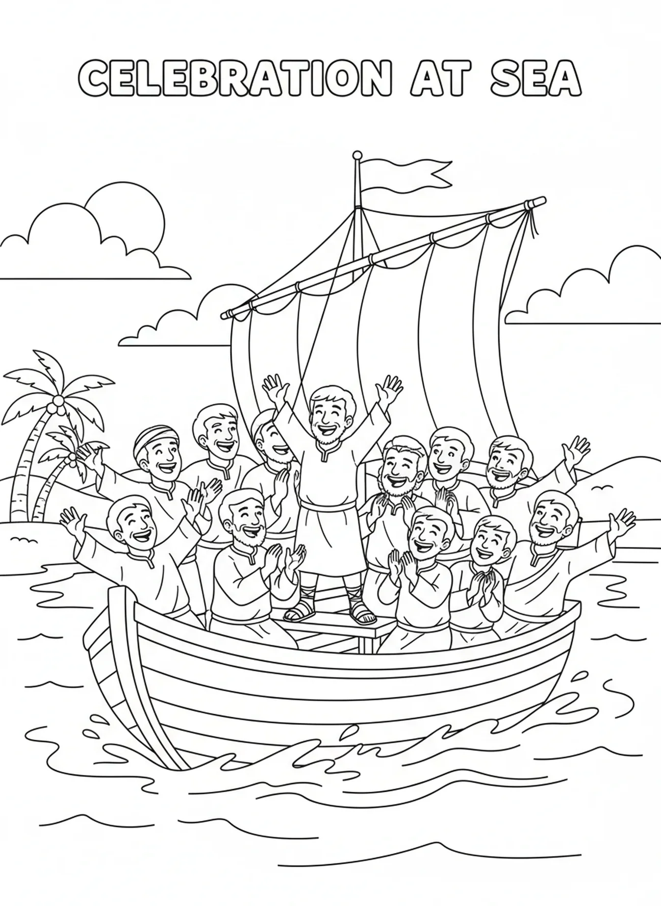 Discipelen vieren op de boot, Kleurplaat van Petrus die op het water loopt en zinkt voor kinderen van 5-10 jaar.