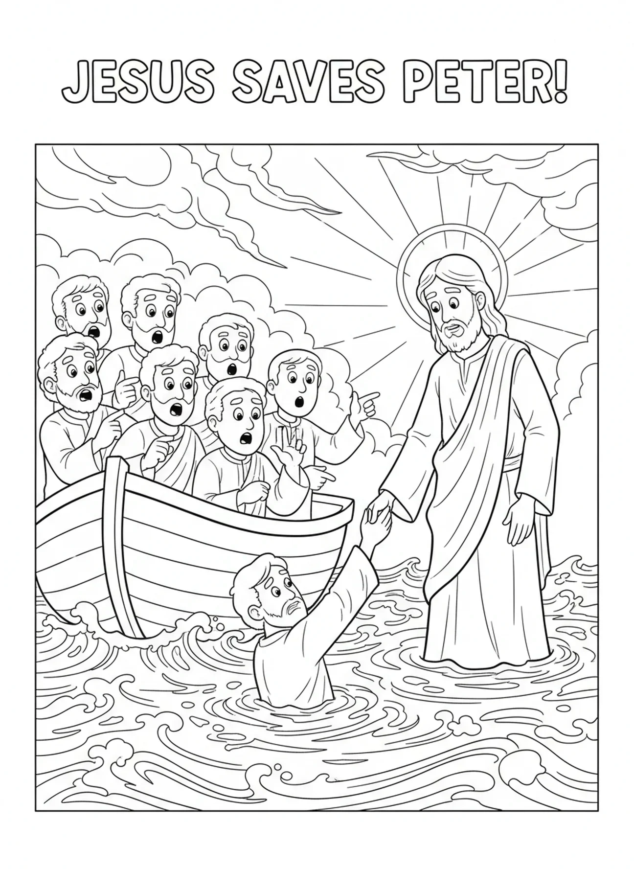 Discipelen kijken naar Jezus en Petrus, Petrus die op het water loopt en zinkt kleurplaat voor kinderen van 5-10 jaar.