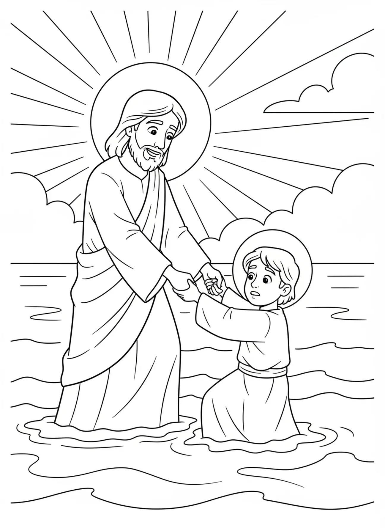Jezus tilt Petrus uit het water, Kleurenpagina van Petrus die op het water loopt en zinkt voor kinderen van 5-10 jaar.