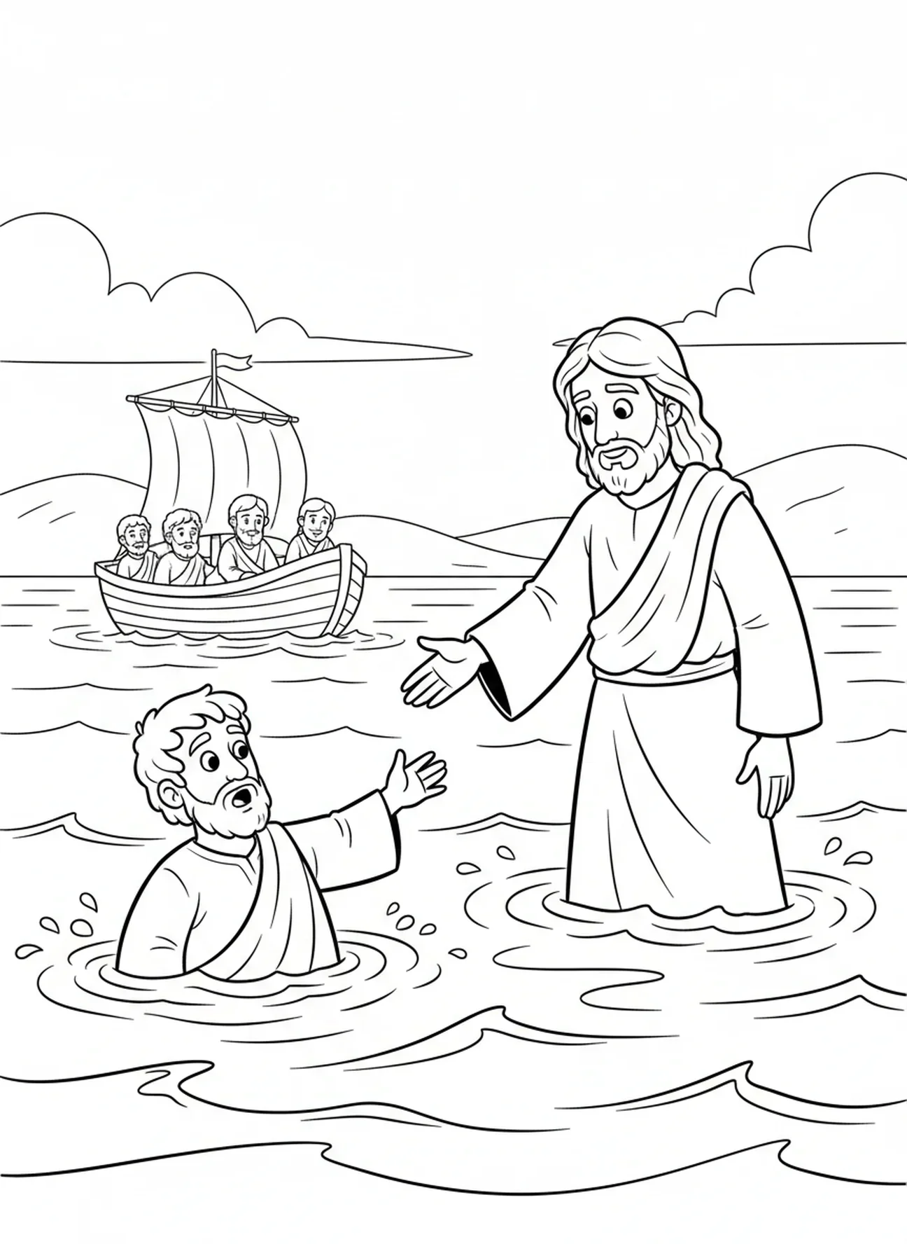 Petrus zinkt in het water, Kleurenpagina van Petrus die over het water loopt en zinkt voor kinderen van 5-10 jaar.