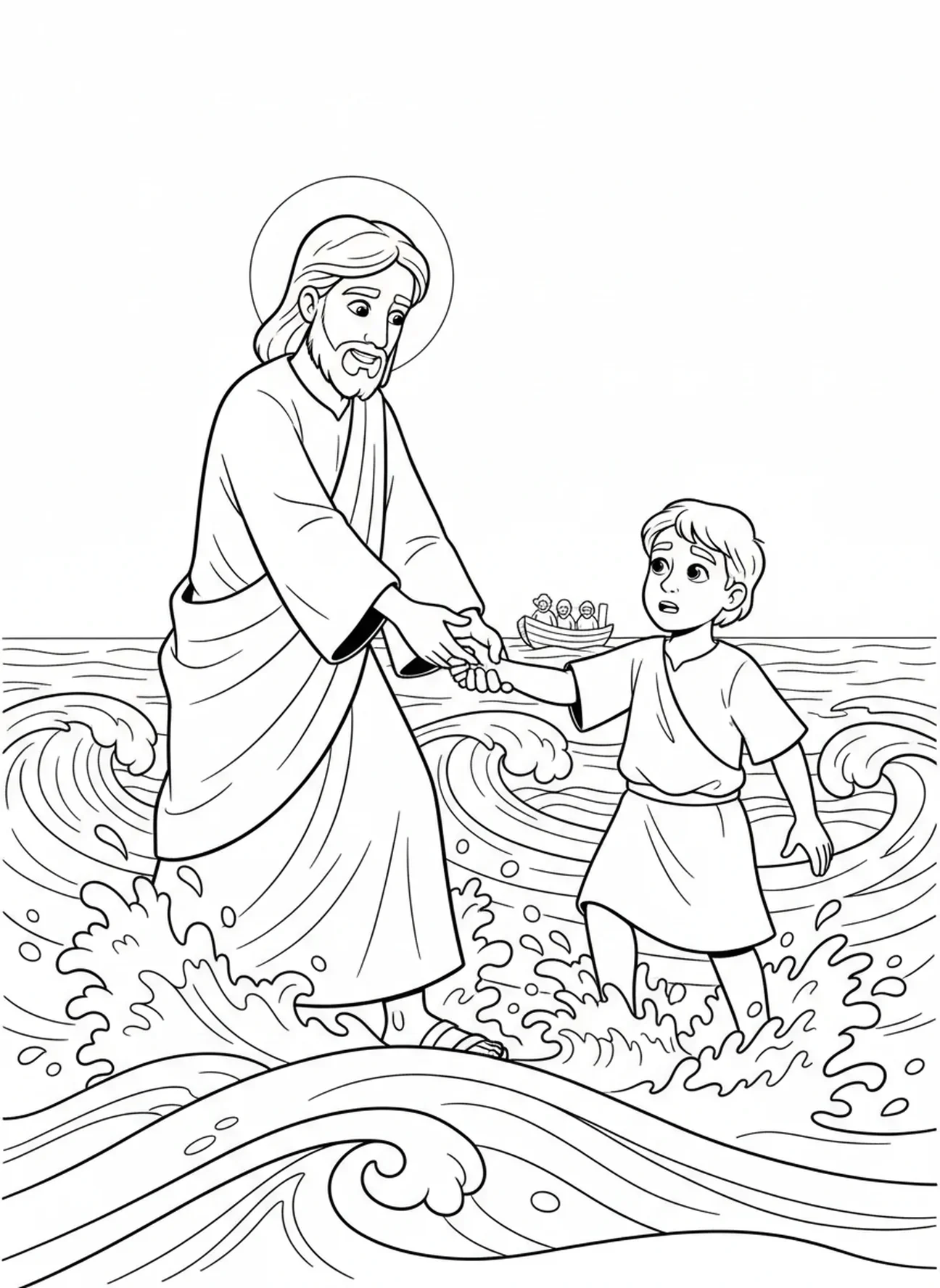 Jesus resgatando Pedro, colorindo a página de Pedro andando sobre as águas, para crianças de 5 a 10 anos