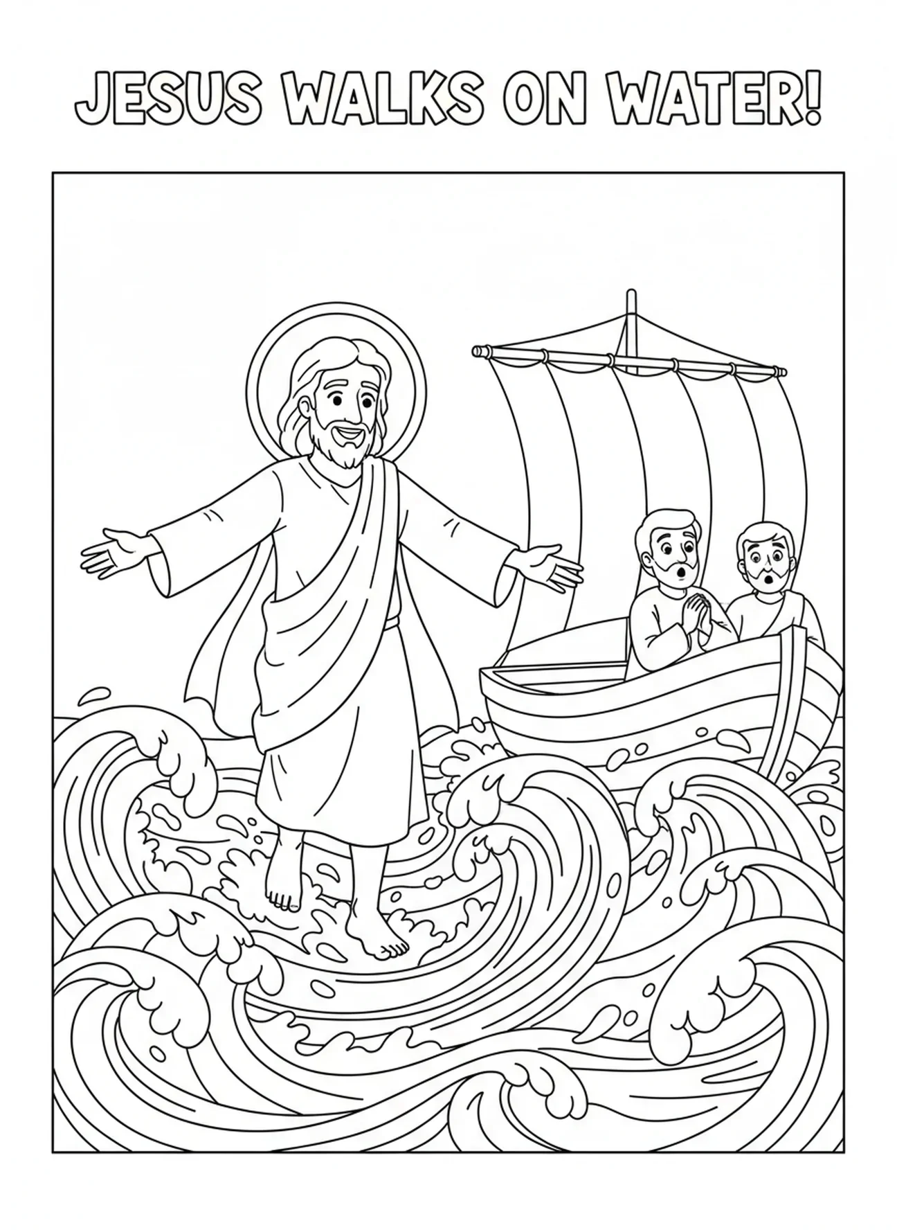 Jesus andando sobre as águas, página de colorir 'Pedro saindo do barco' para crianças de 5 a 10 anos