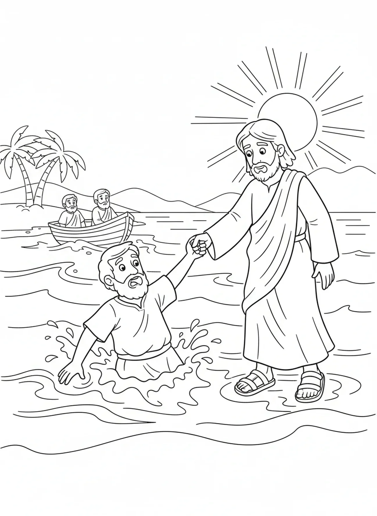 Pedro começando a afundar, colorindo a página de Pedro andando sobre as águas, saindo do barco para crianças de 5 a 10 anos
