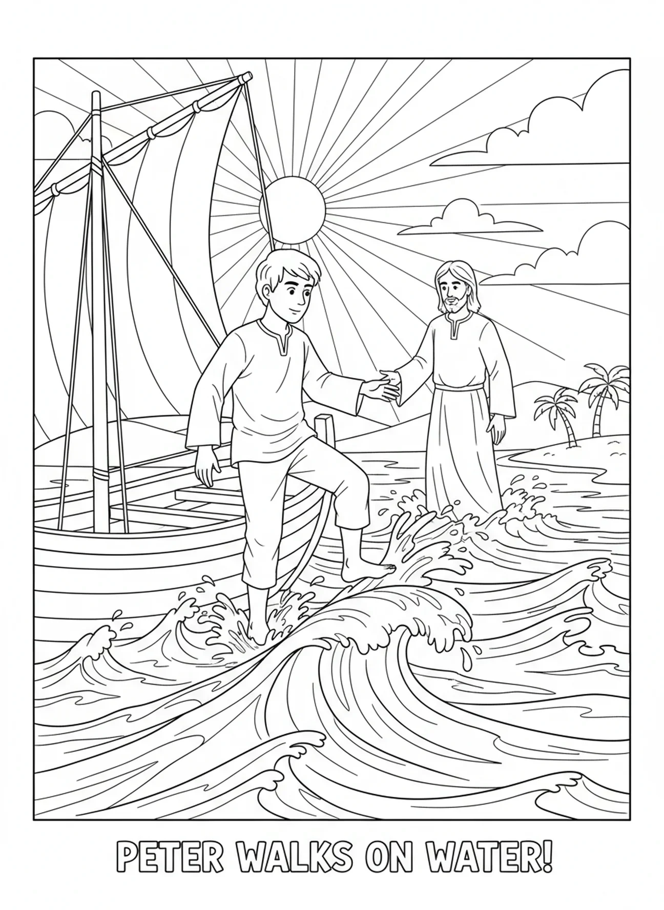 Pedro saindo do barco, Andando Sobre as Águas, página para colorir de Pedro saindo do barco para crianças de 5 a 10 anos