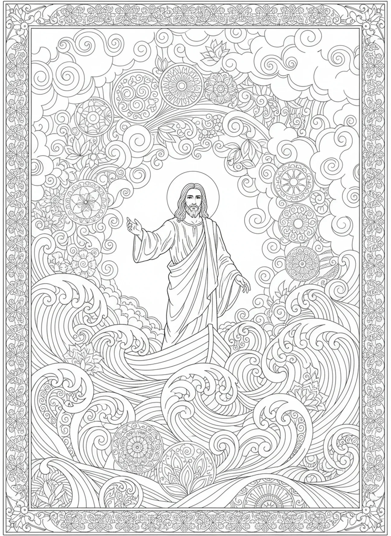 Jesus acalmando a tempestade, página para colorir sobre andar sobre as águas no estilo de journaling bíblico para adultos