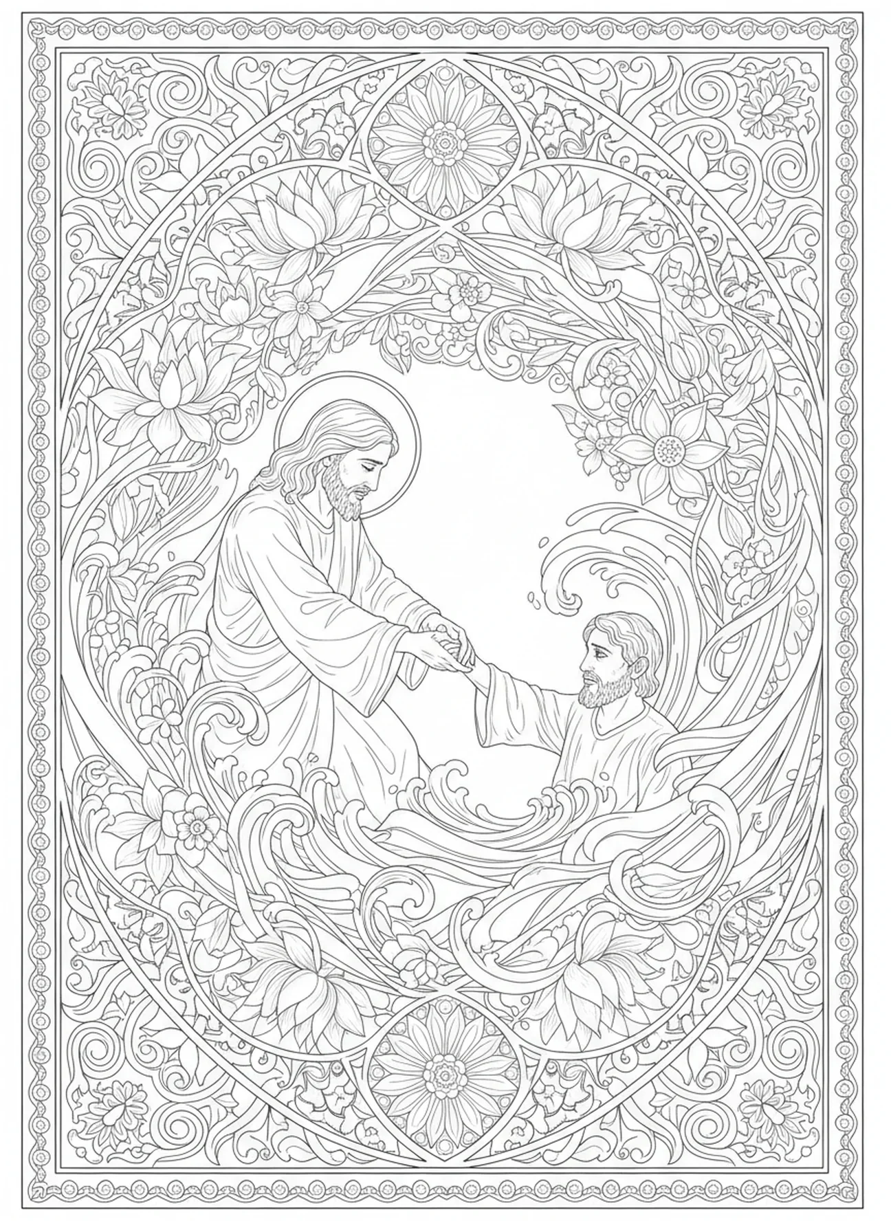 Jesus alcançando Pedro, página de colorir sobre andar sobre as águas para adultos no estilo de journaling bíblico