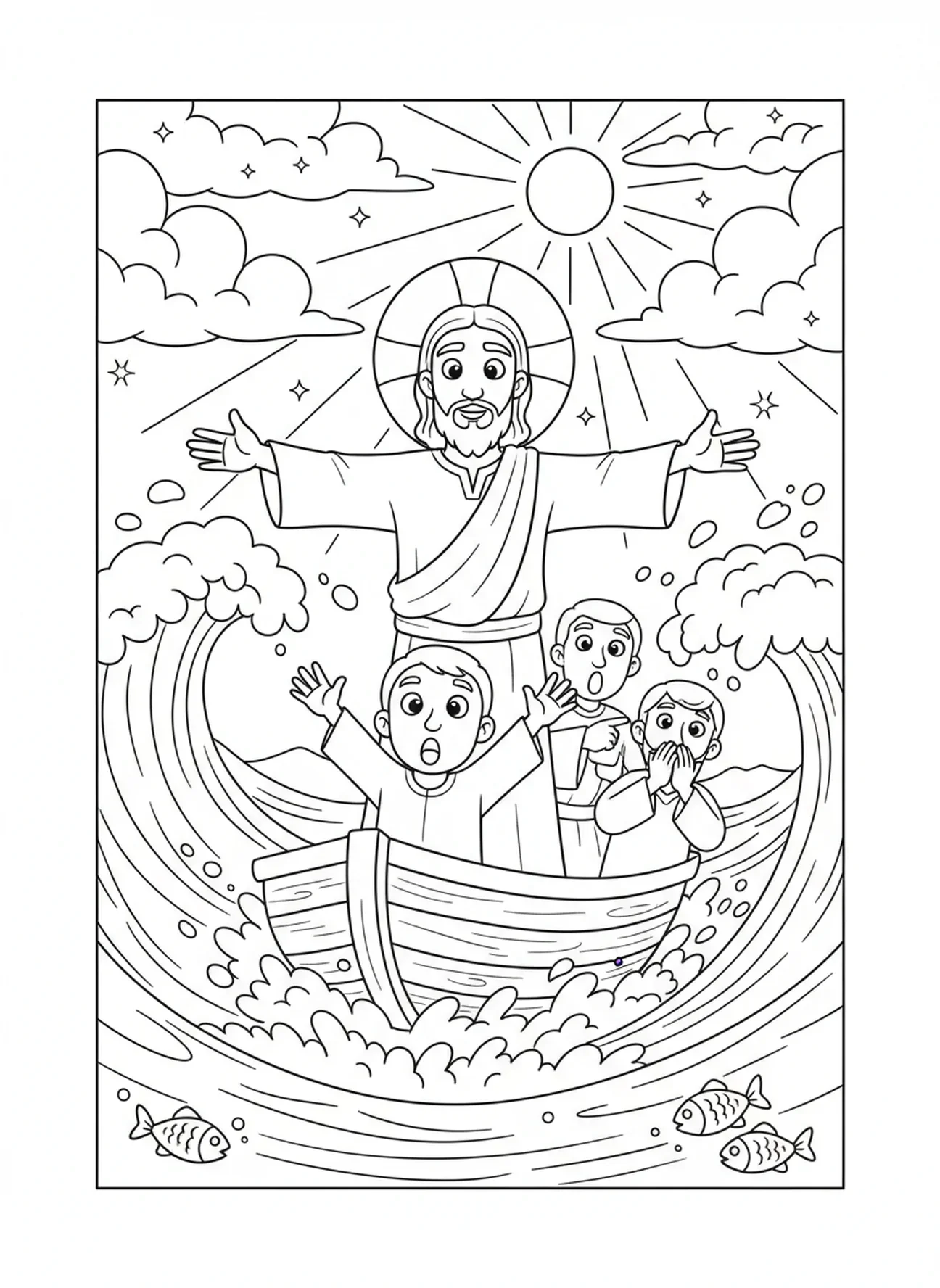 Jésus apaisant la tempête, page à colorier de la marche sur l'eau pour les enfants de 5 à 10 ans.