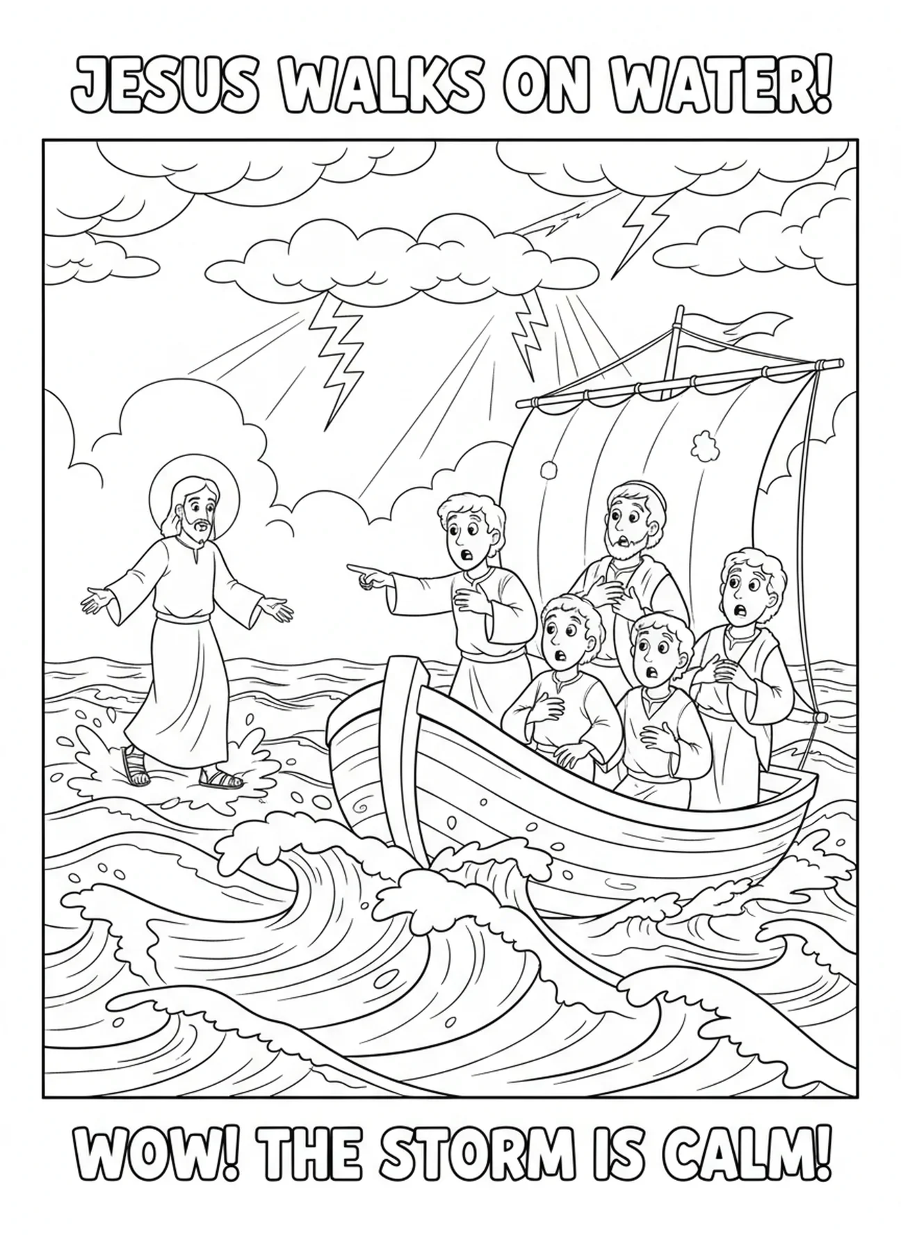 Disciples exprimant de l'émerveillement, page à colorier Marcher Sur L'Eau pour les enfants de 5 à 10 ans.