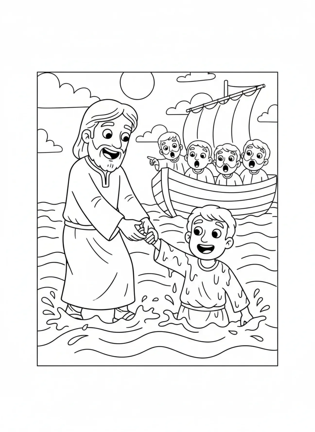 Jésus tirant Pierre de l'eau, page à colorier Marcher Sur L'Eau pour les enfants de 5 à 10 ans.
