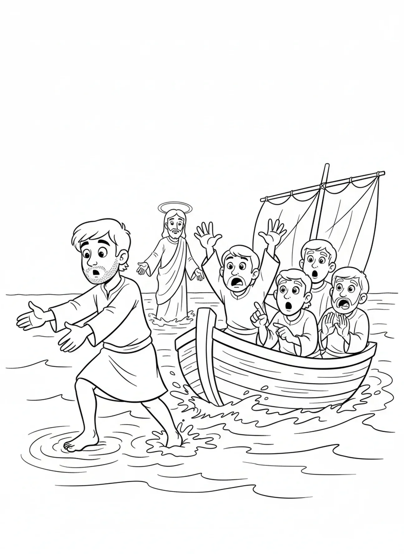 Pierre sortant du bateau, page à colorier Marcher Sur L'Eau pour les enfants de 5 à 10 ans.