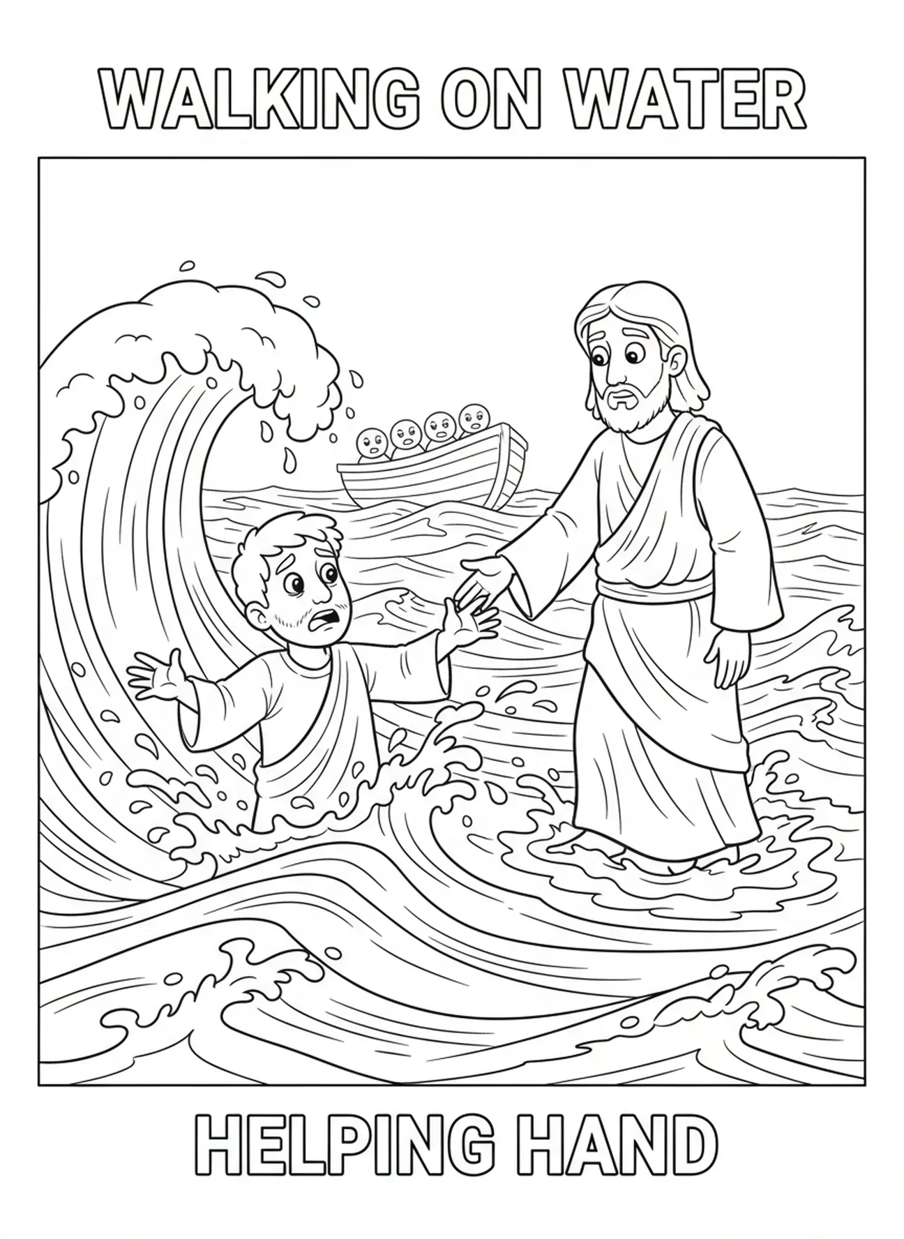 Des vagues s'écrasant autour de Pierre, page à colorier Marcher Sur L'Eau pour les enfants de 5 à 10 ans.