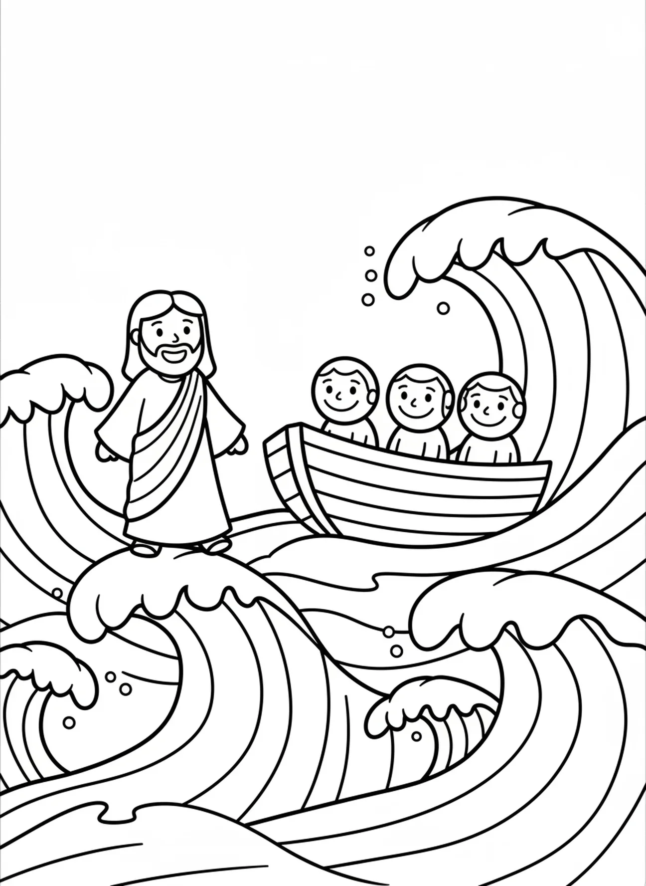 Discipulos sorridentes em um barco, página de colorir Andando Sobre as Águas para crianças de 3 a 5 anos