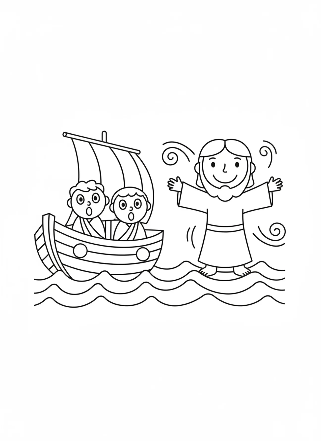 Jesus sorridente acalmando as ondas, página de colorir Caminhando Sobre as Águas para crianças de 3 a 5 anos