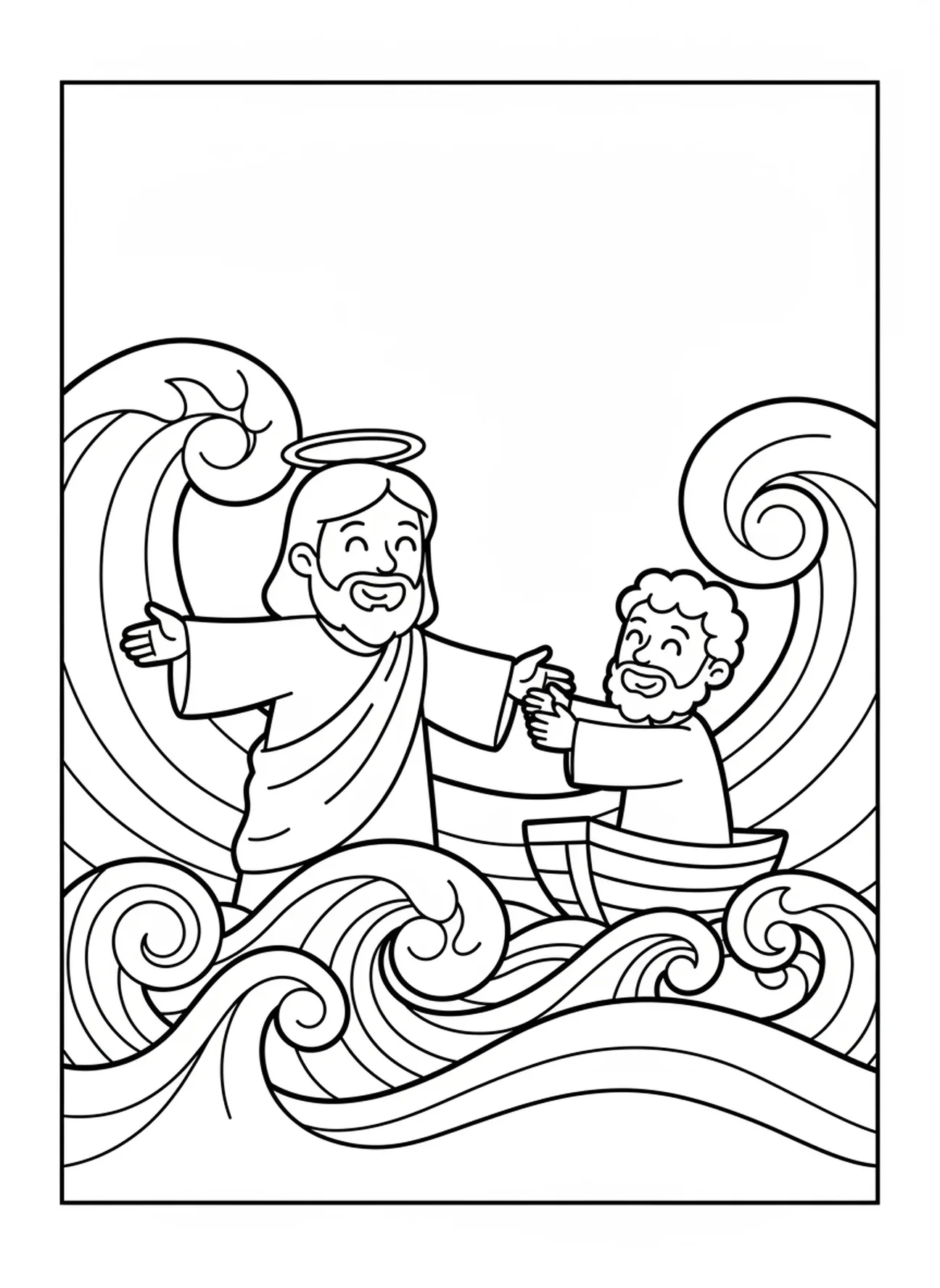 Jesus sorridente estendendo a mão, página para colorir sobre Andando Sobre as Águas para crianças de 3 a 5 anos