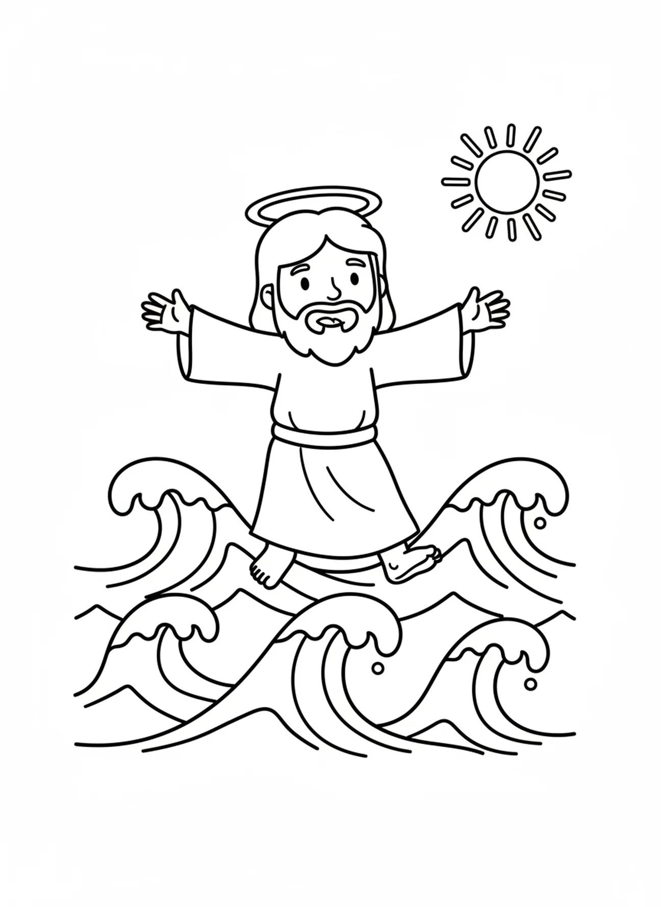 Página para colorir de Jesus sorridente, andando sobre as águas para crianças de 3 a 5 anos