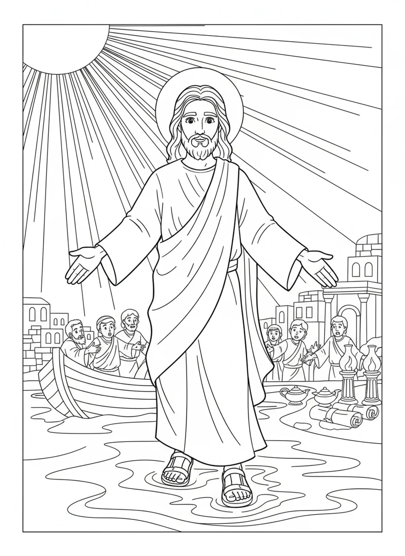 Jezus idący po wodzie, kolorowanka o Jezusie idącym po wodzie dla dzieci w wieku 5-12 lat na katechezie.