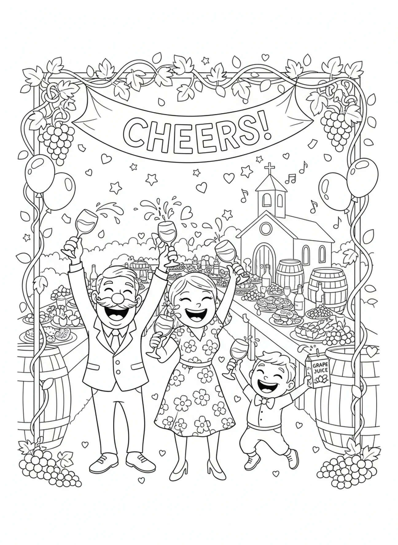 Invités heureux au mariage, page à colorier Jésus Marie au mariage de Cana pour les enfants de 5 à 10 ans.