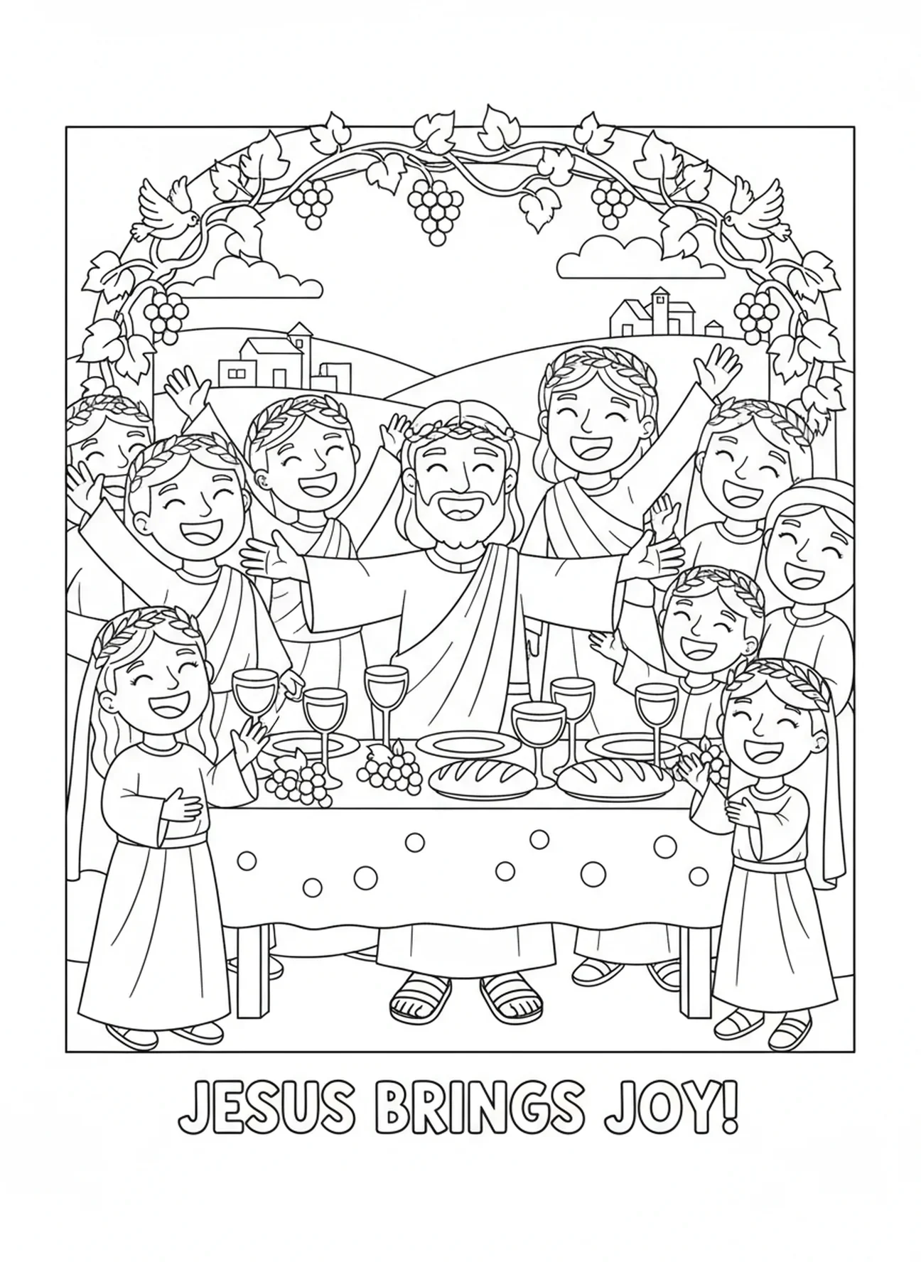 Jésus bénissant les invités au mariage, page à colorier de Jésus et Marie au mariage de Cana pour les enfants de 5 à 10 ans.