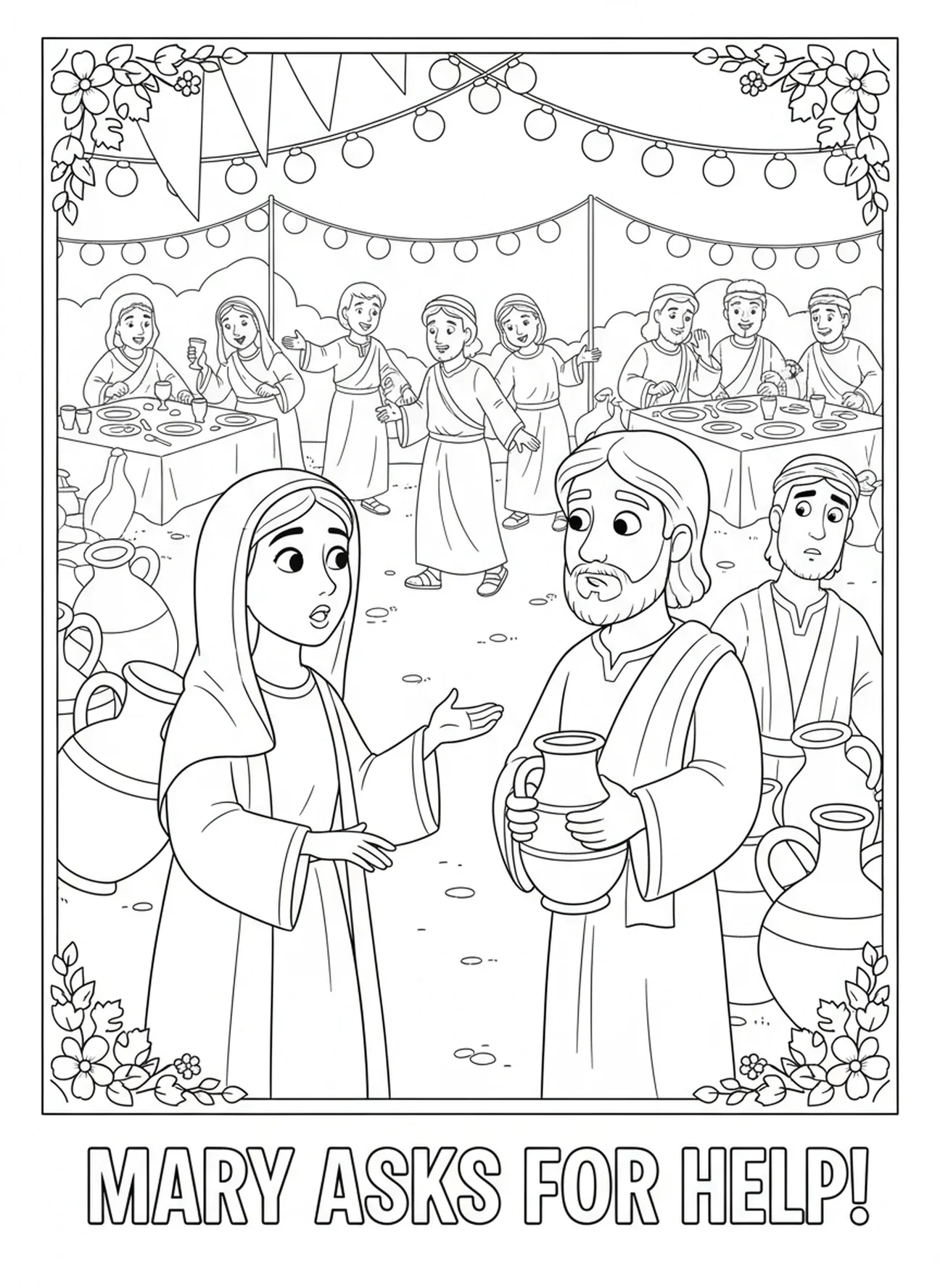 Marie encourage Jésus, page à colorier sur le mariage de Cana pour les enfants de 5 à 10 ans.