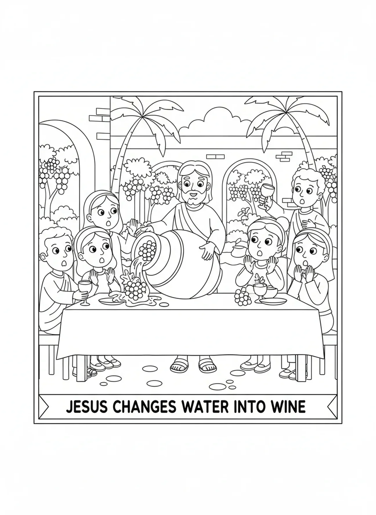 Jésus transformant l'eau en vin, Mariage à Cana, page à colorier Jésus Marie au mariage pour les enfants de 5 à 10 ans.