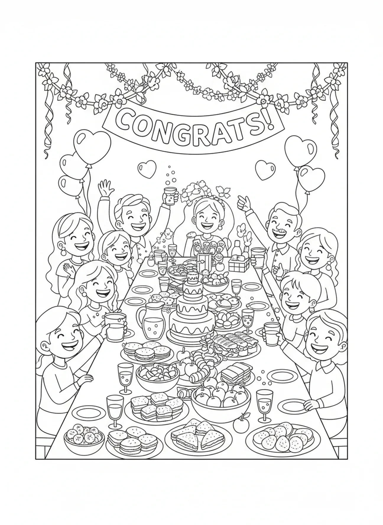 Table de mariage avec nourriture, page à colorier sur le Mariage de Cana Jésus Marie à la fête de mariage pour les enfants de 5 à 10 ans.