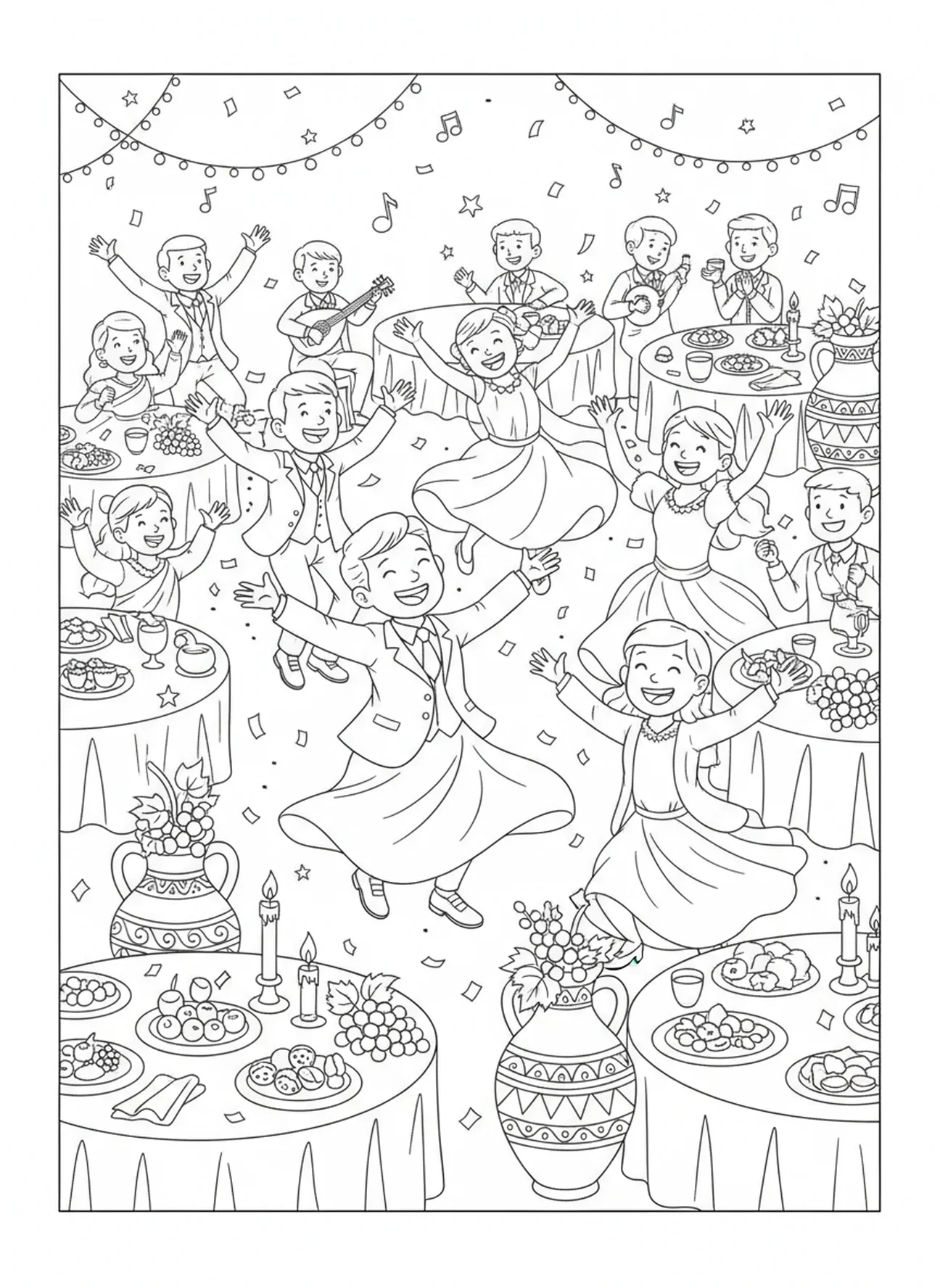 Invitados bailando en la boda, página para colorear de las Jarras de Agua en las Bodas de Caná convirtiéndose en vino para niños de 5 a 10 años