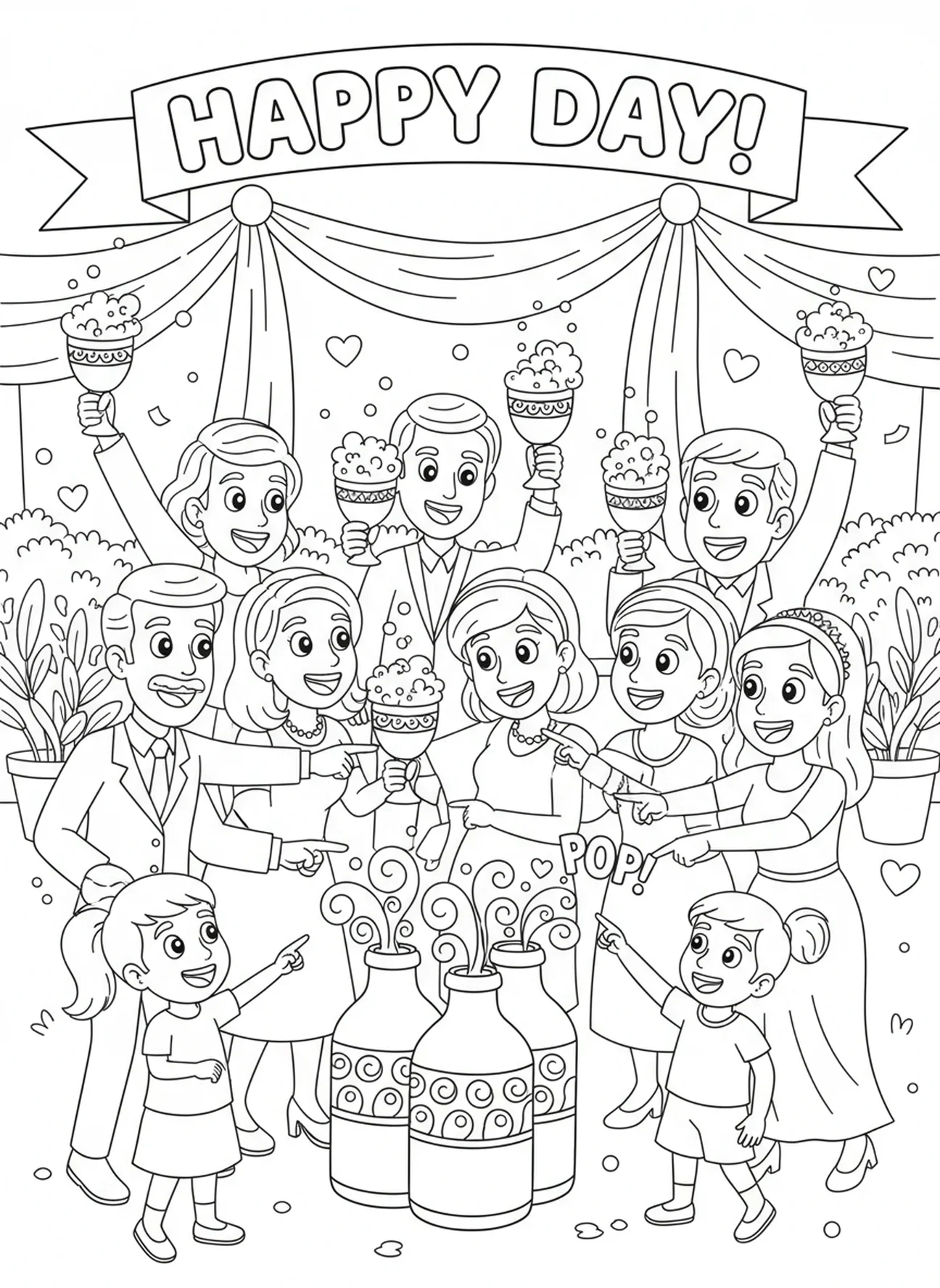 Invitados animando en la boda, página para colorear de la Boda en Caná con jarras de agua convirtiéndose en vino para niños de 5 a 10 años