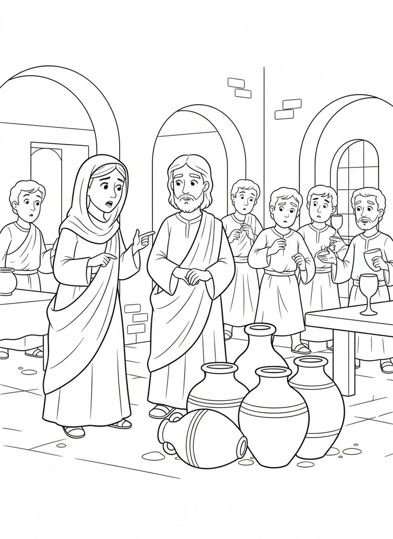 María hablando con Jesús, página para colorear de las Jarras de Agua en la Boda de Caná para niños de 5 a 10 años