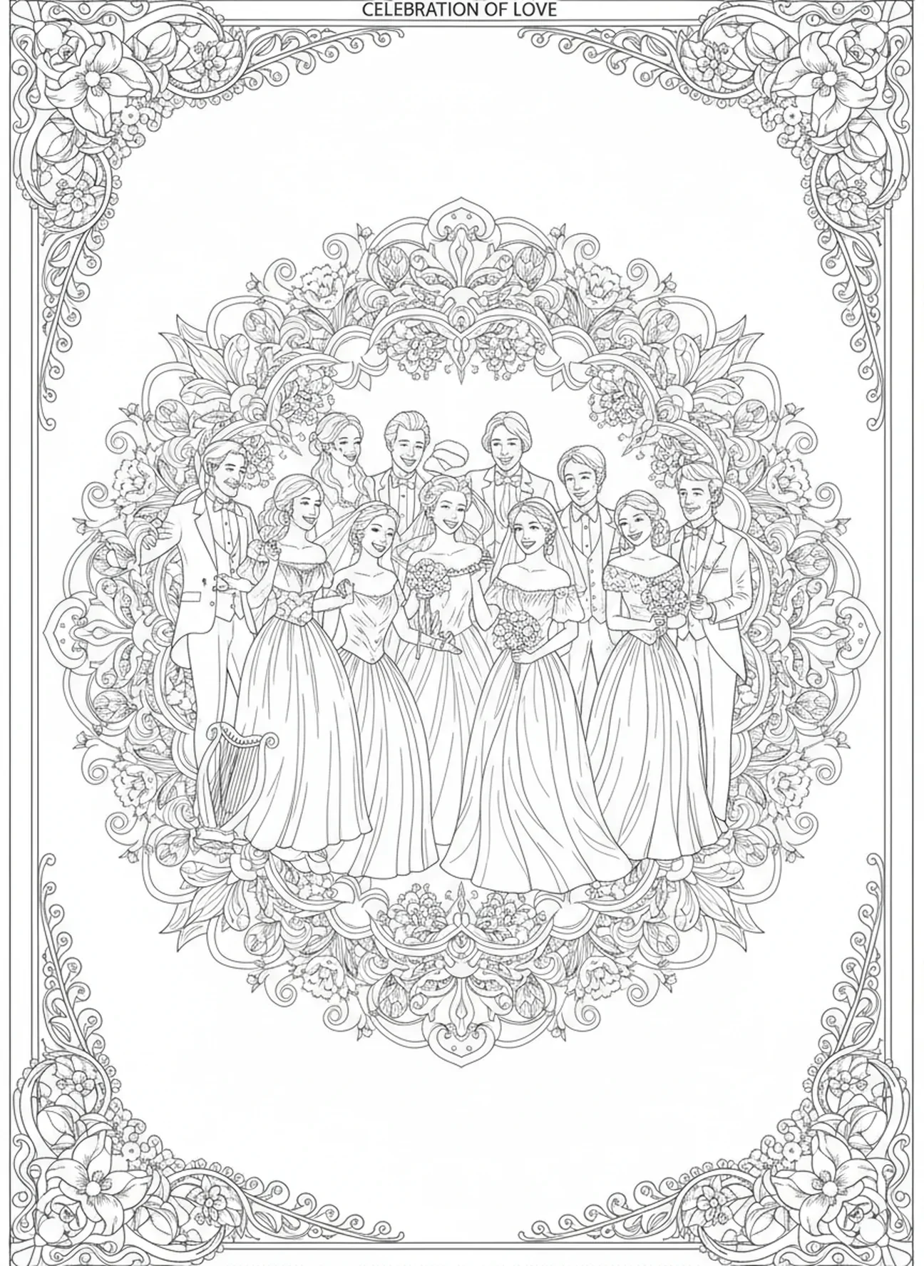 Invités joyeux célébrant, page à colorier sur le Mariage de Cana dans un style de journal biblique pour adultes.