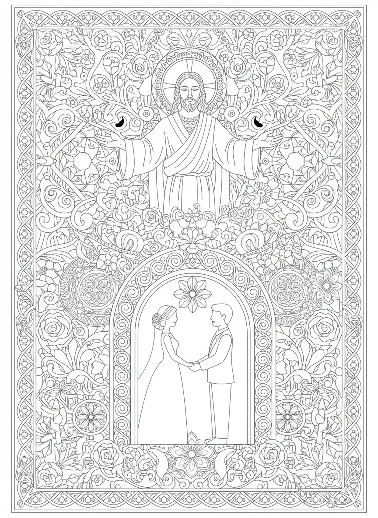Jésus bénissant le mariage, page à colorier du Mariage de Cana dans un style de journal biblique pour adultes.