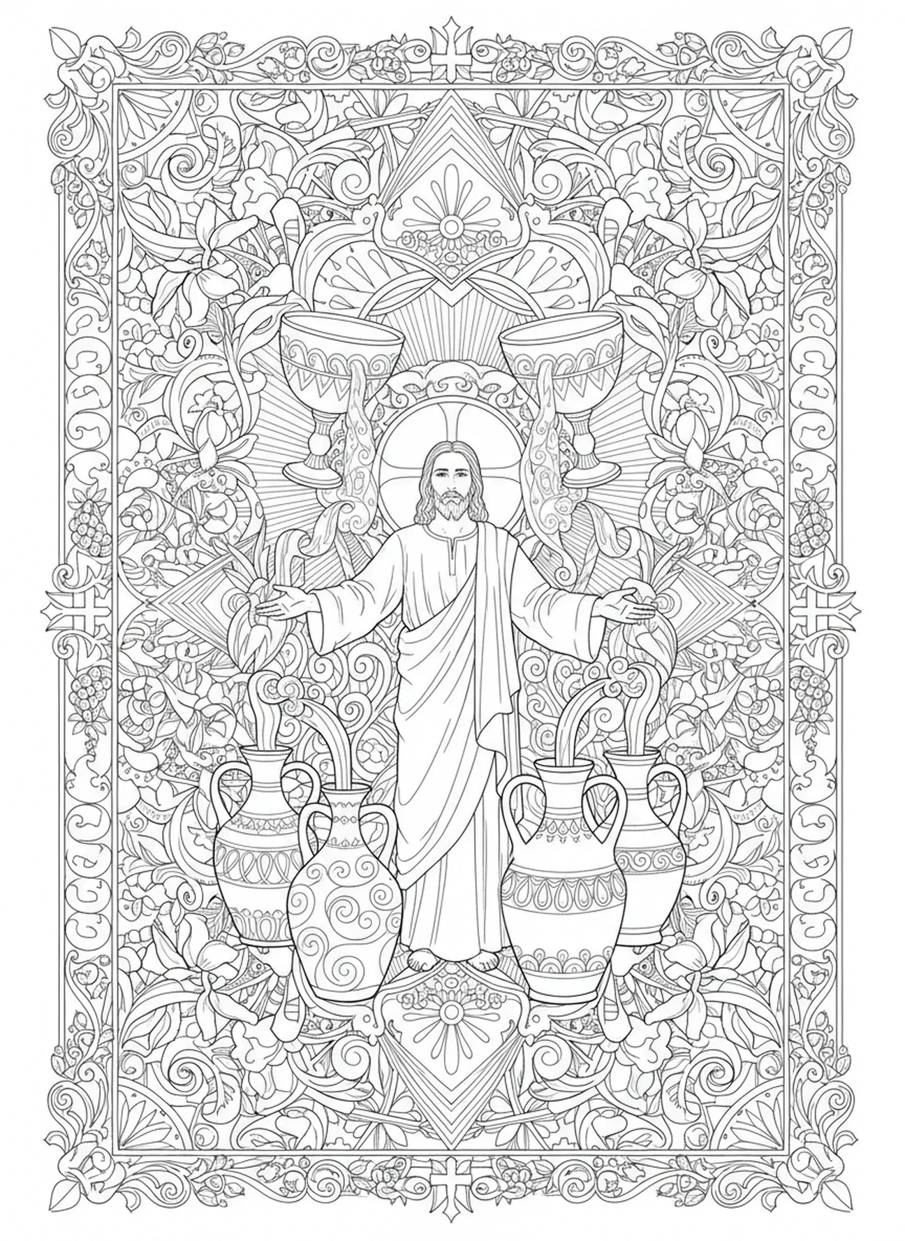 Jésus transformant l'eau en vin, page à colorier sur le Mariage de Cana pour adultes dans un style de journal biblique.
