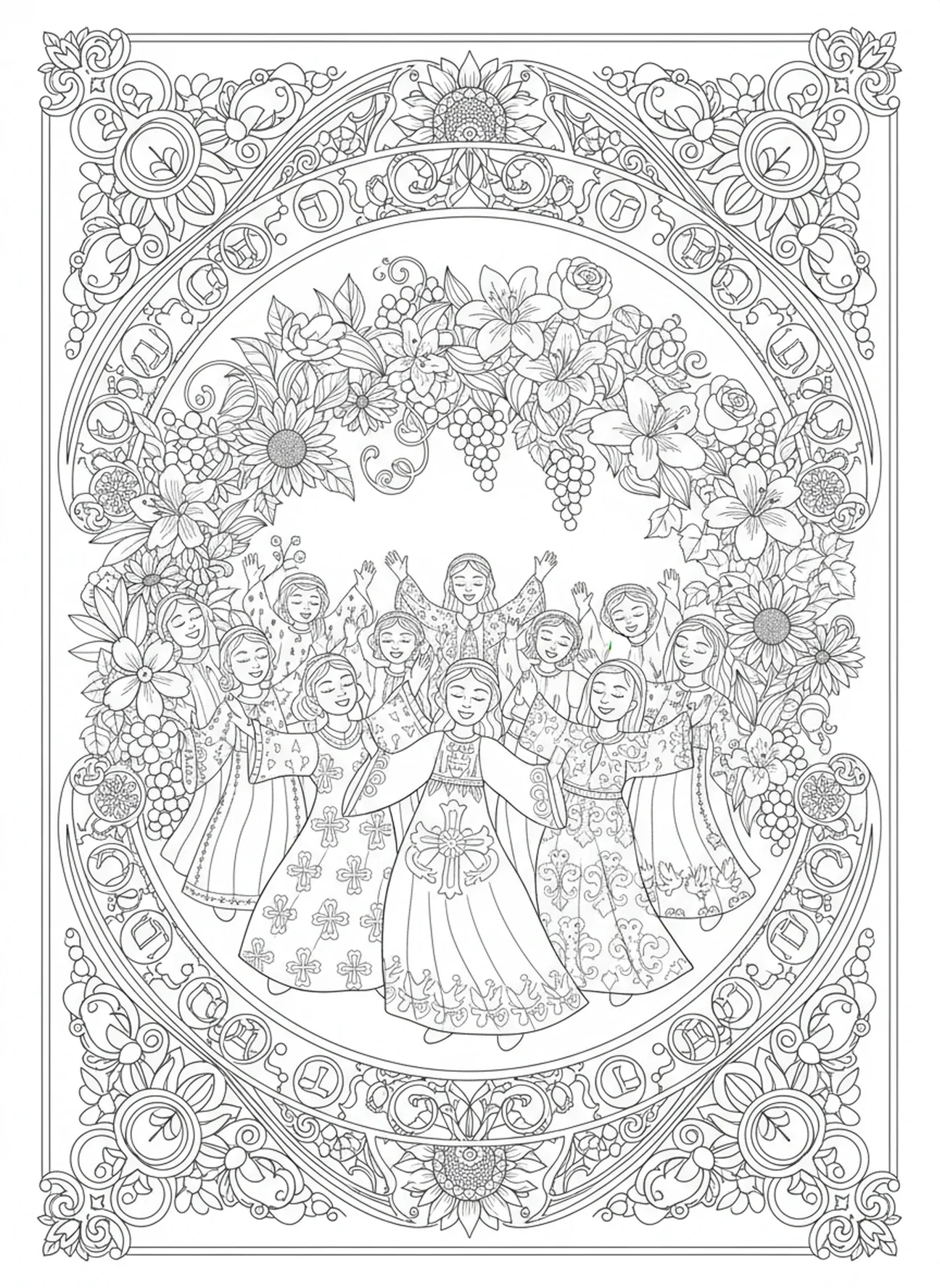 Célébration de la joie nuptiale, page à colorier du Mariage à Cana dans un style de journal biblique pour adultes.