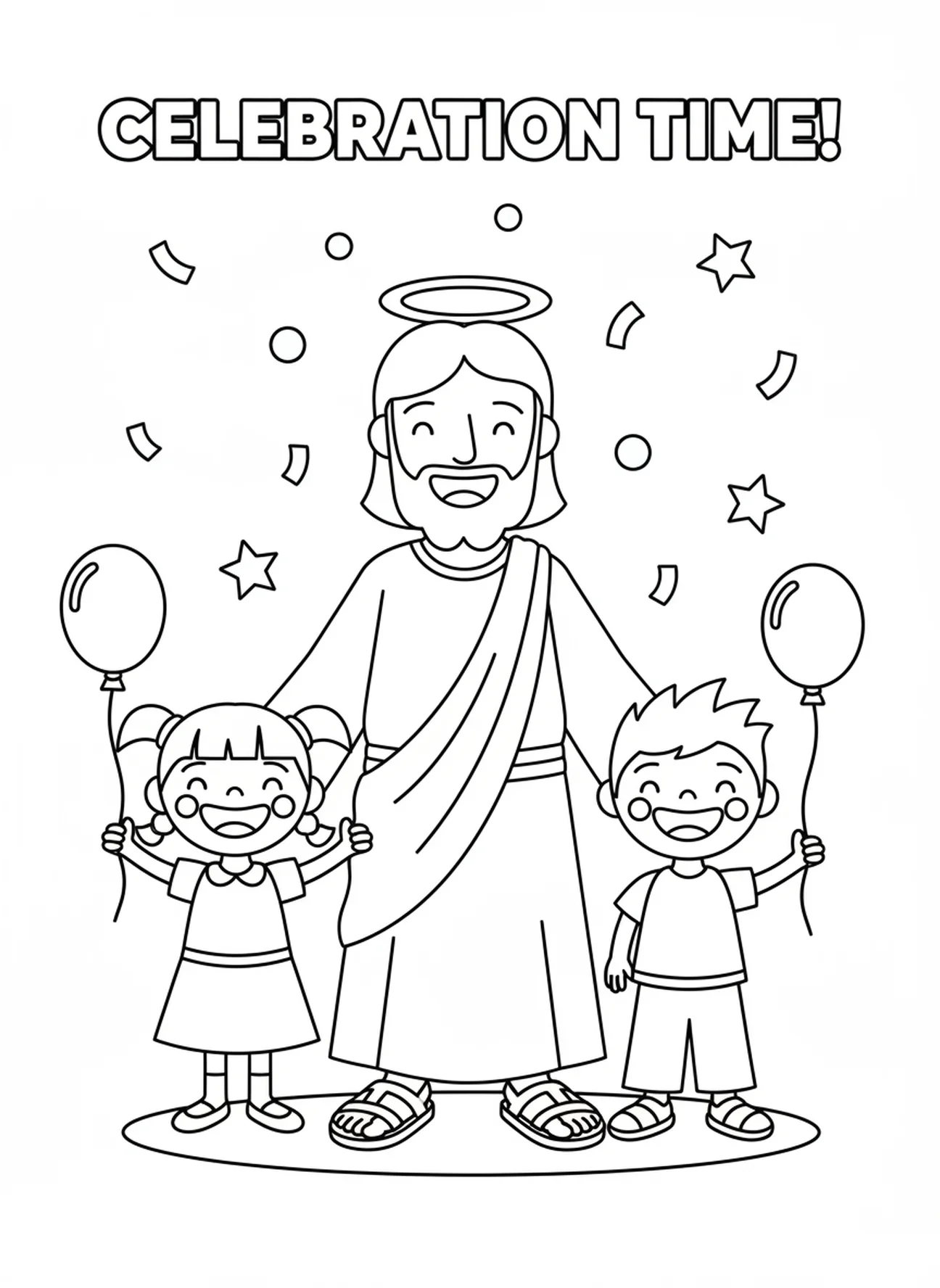Jesus mit fröhlichen Gästen, Ausmalbild zur Hochzeit zu Kana für Vorschulkinder im Alter von 3-5 Jahren
