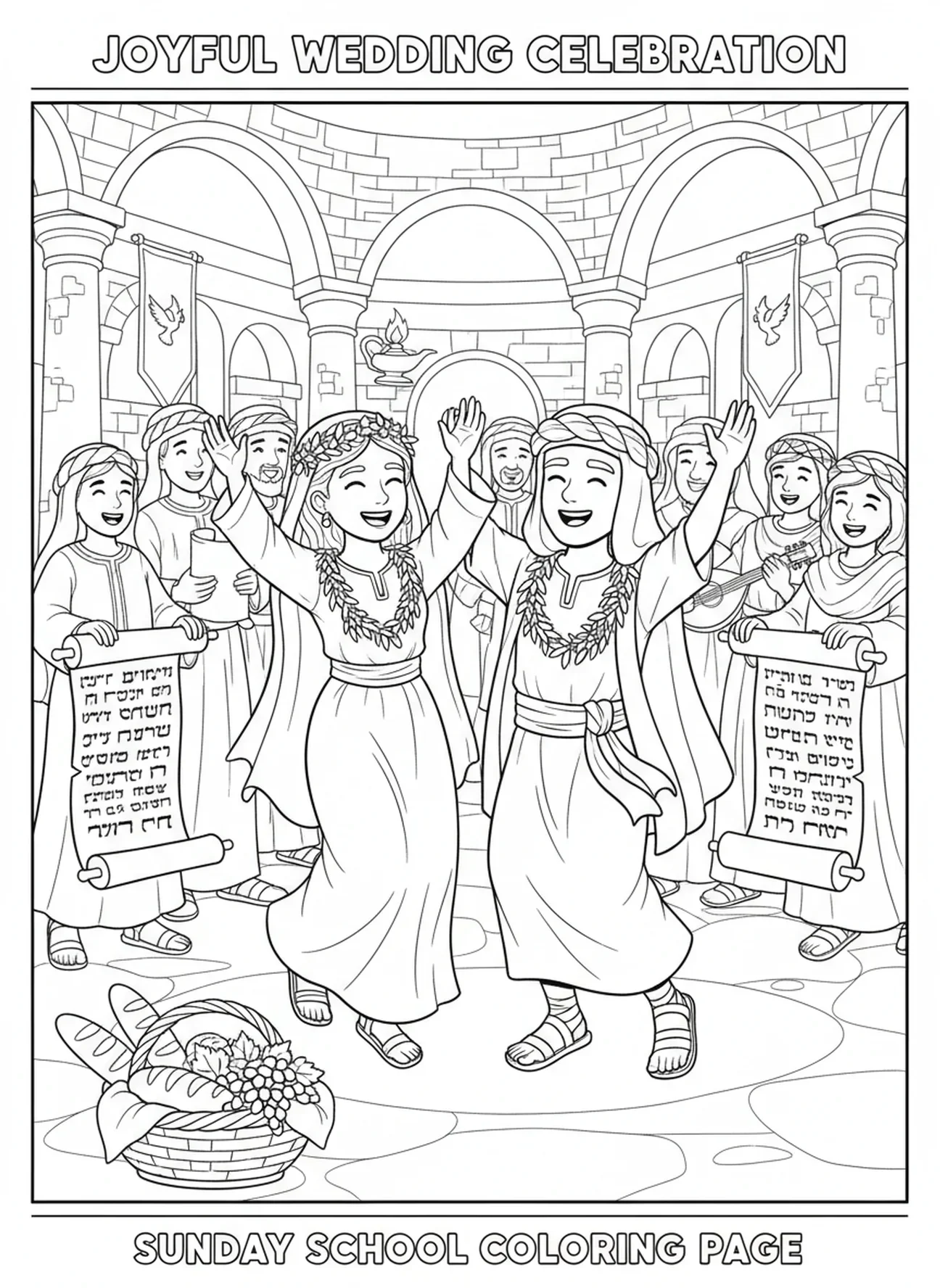 Fröhliches Brautpaar, Ausmalbild zur Hochzeit zu Kana für Kinder in der Sonntagsschule im Alter von 5-12 Jahren.