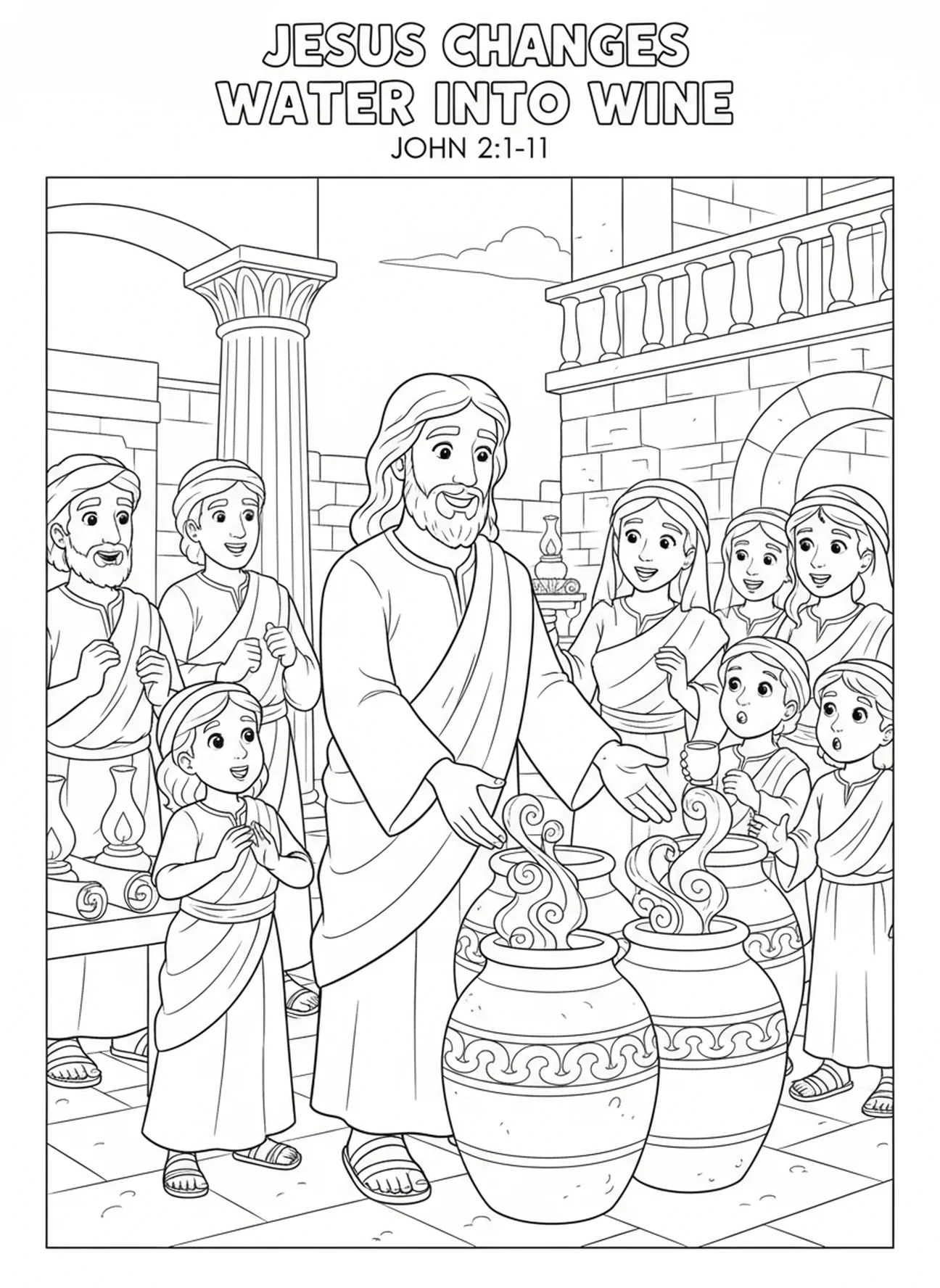 Jesus verwandelt Wasser in Wein, Ausmalbild zur Hochzeit zu Kana für Kinder in der Sonntagsschule im Alter von 5-12 Jahren.