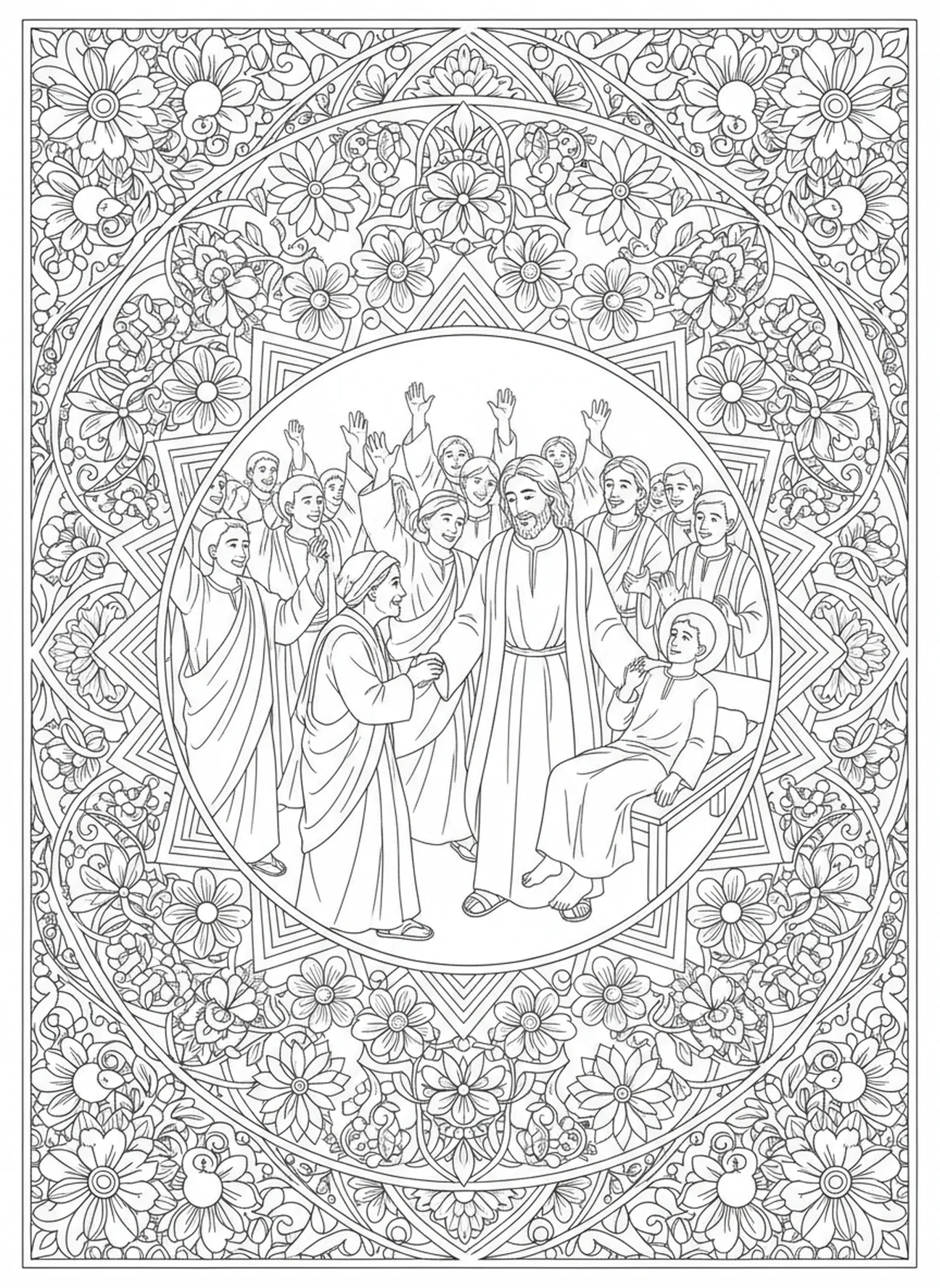 Multitud celebrando alrededor de Jesús, página para colorear de la viuda de Naín estilo journaling bíblico para adultos