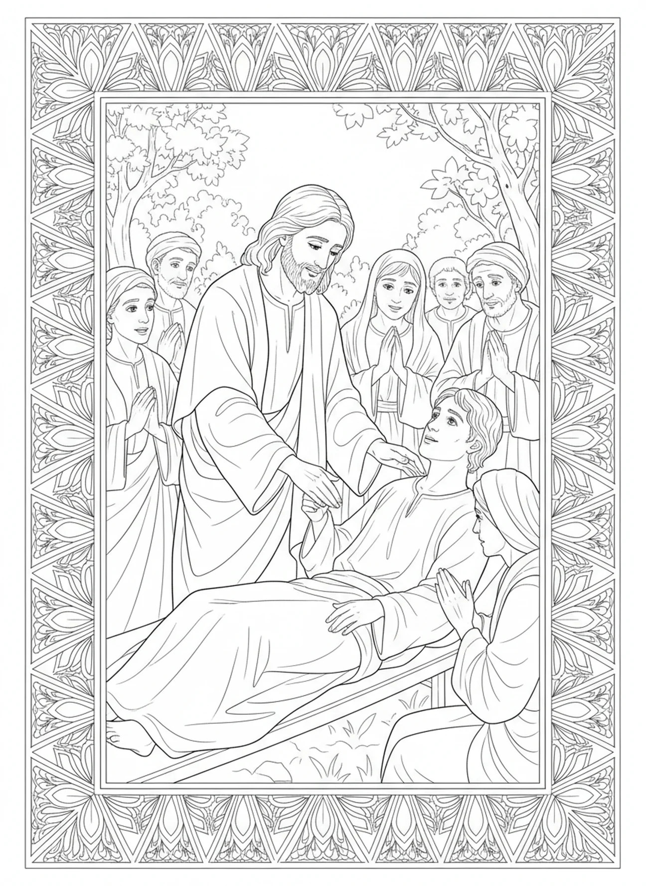 Jesús resucitando al hijo de la viuda, página para colorear de la viuda de Naín en estilo de journaling bíblico para adultos